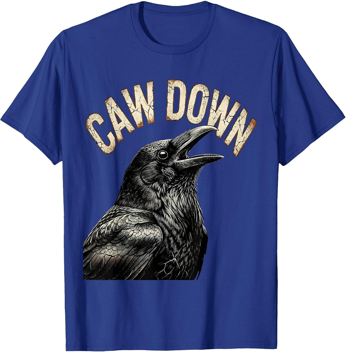 Caw Down Distressed Crow Gothic Bird Pun Humor T-Shirt - Royal Blue