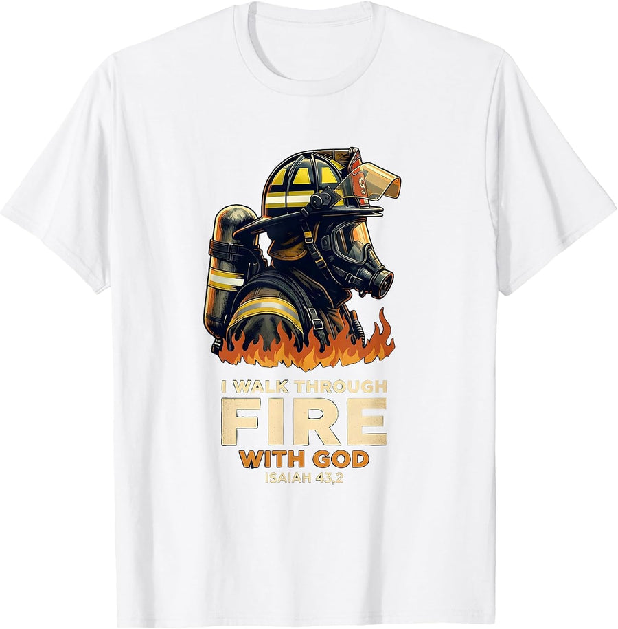 Men's I Walk Through Fire With God Vintage Firefighter T-Shirt - White