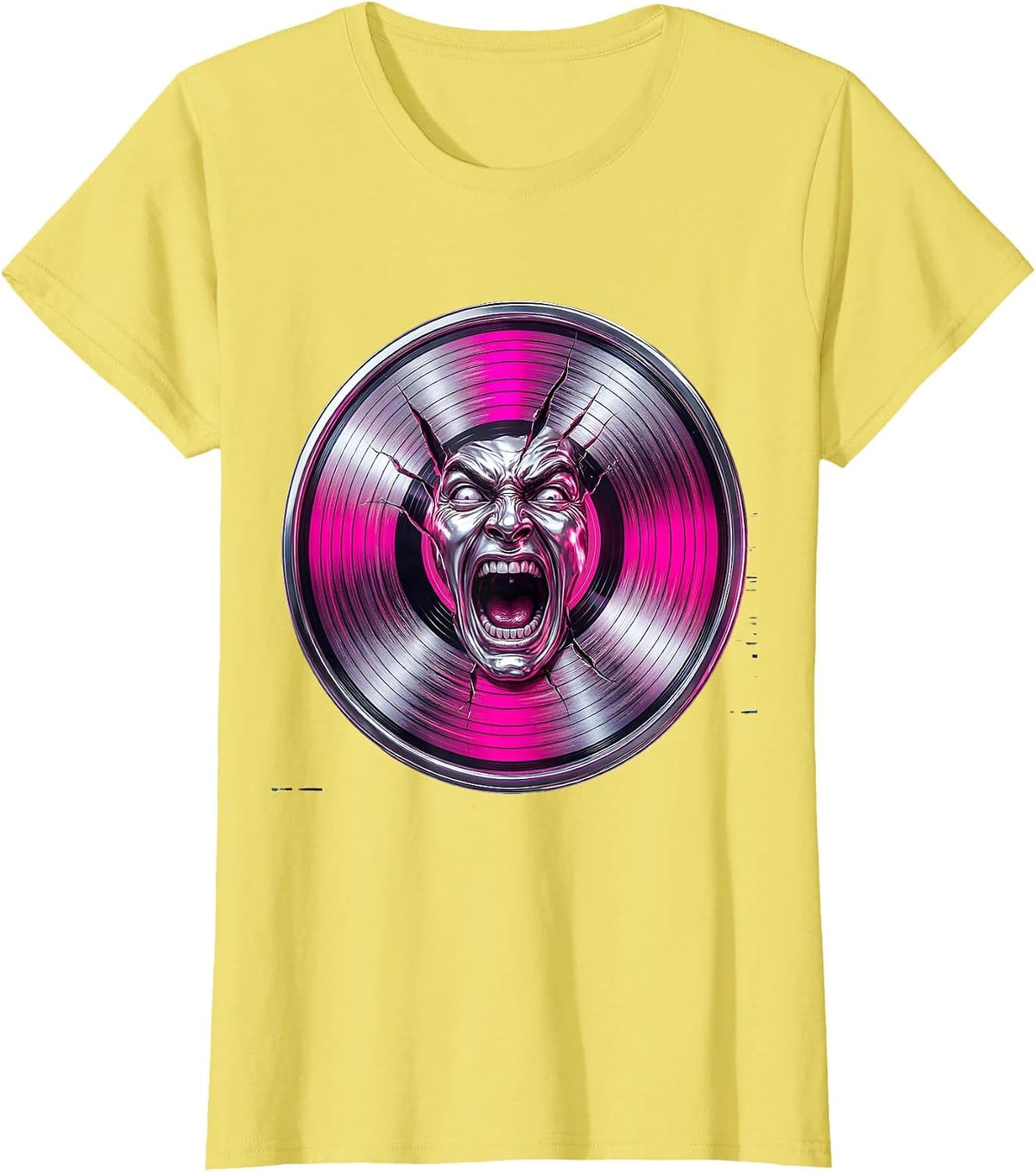 80s Rock Screaming Face Vinyl Record Groove Art T-Shirt - Lemon Yellow