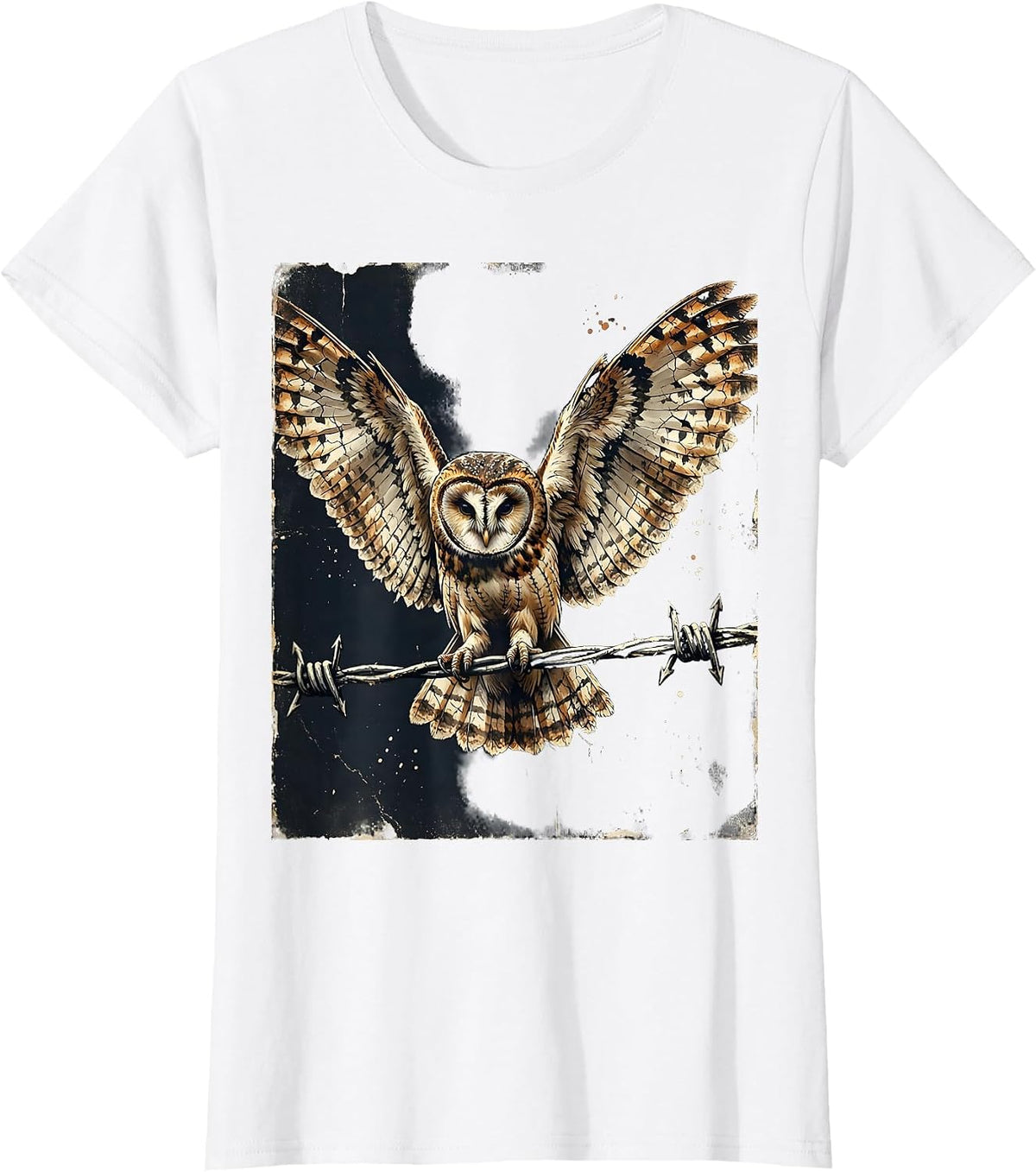 Barn Owl on Barbed Wire Fence Country Design T-Shirt - White
