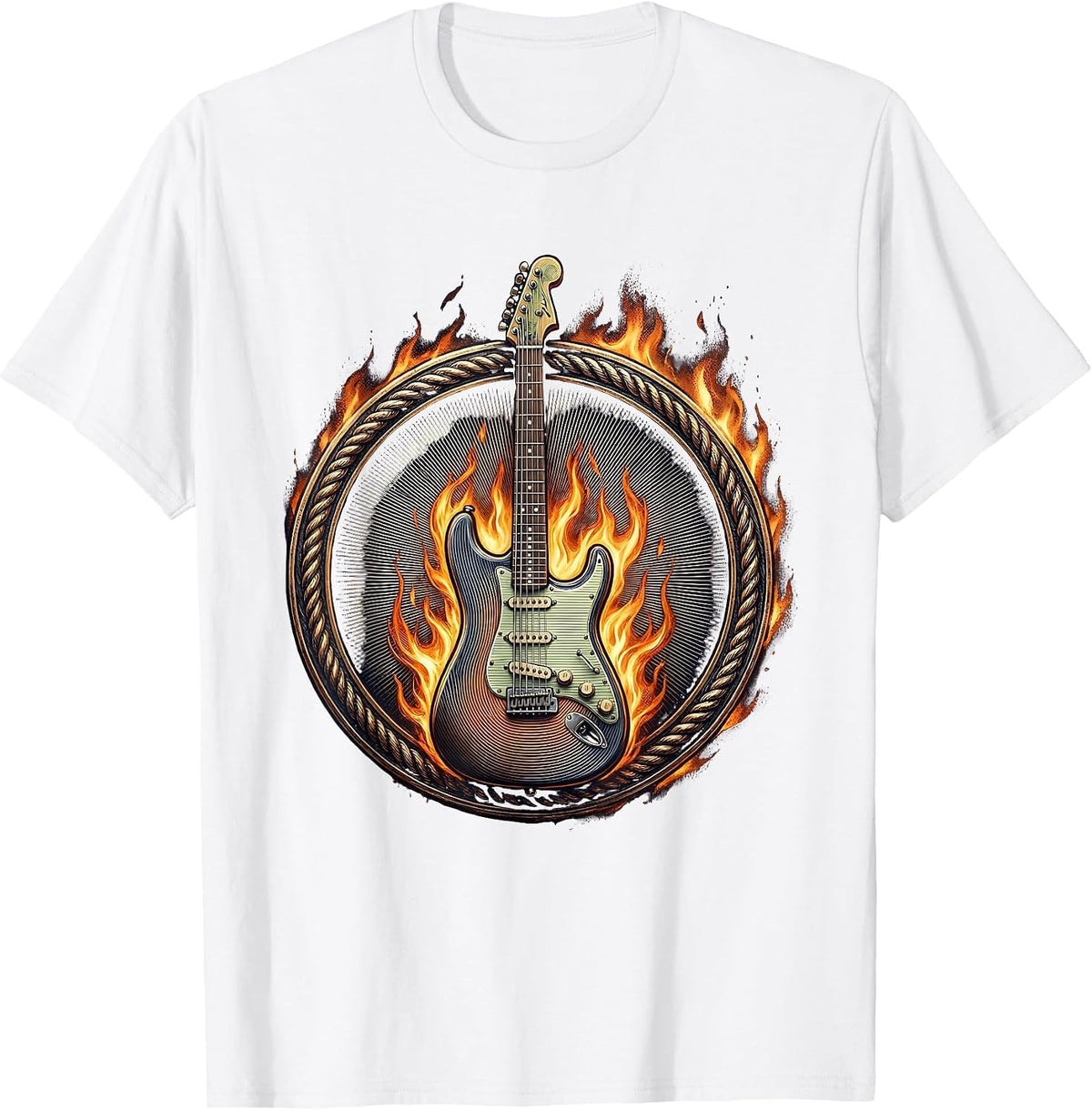 Men's Flaming Electric Guitar Metal Band Graphic T-Shirt - White