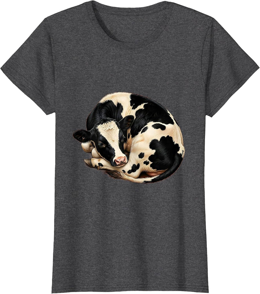 Women's Sleeping Baby Calf Cute Cow Lover Graphic T-Shirt - Dark Heather Grey