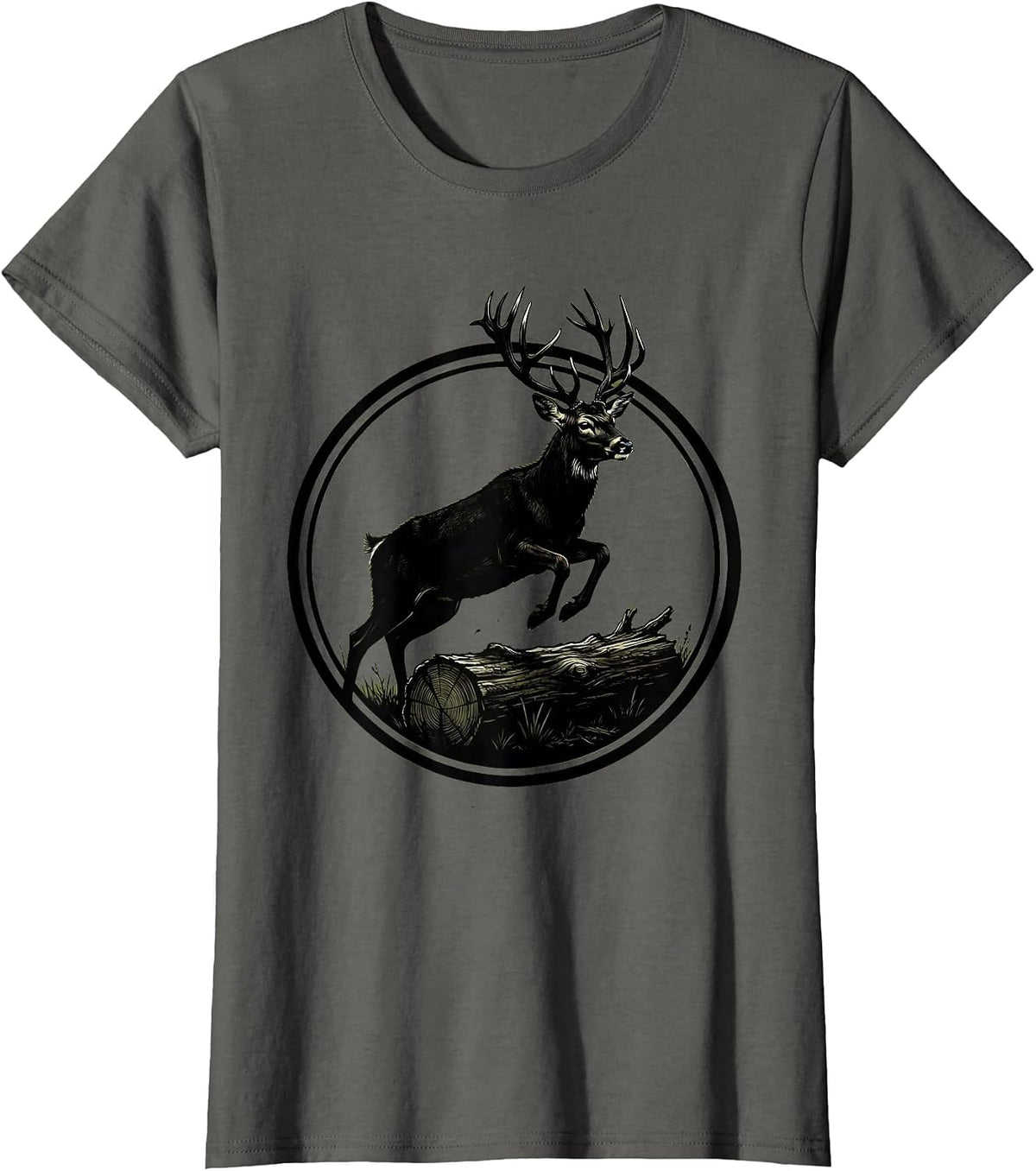 Women's Camo Buck Deer Leaping Over Fallen Log T-Shirt - Asphalt Grey