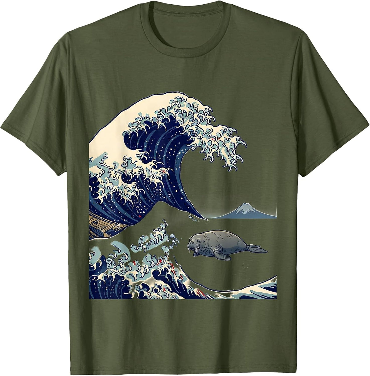Great Wave Manatee Japanese Art Animal Meme Humor T-Shirt - Olive Green