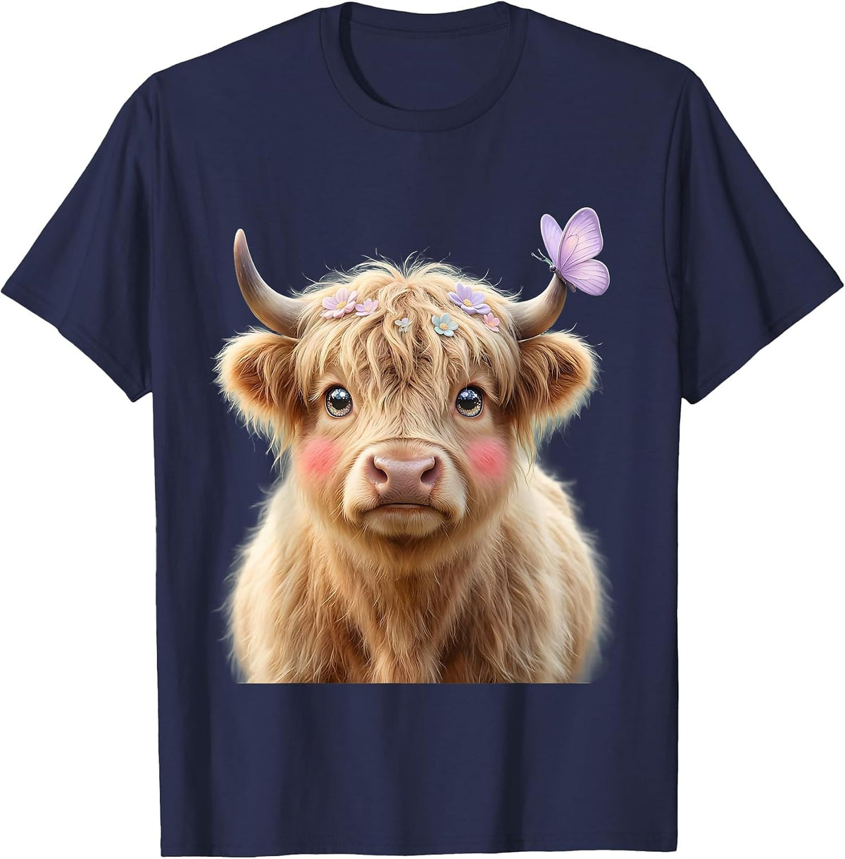Highland Cow with Butterfly on Horn Graphic T-Shirt - Navy Blue