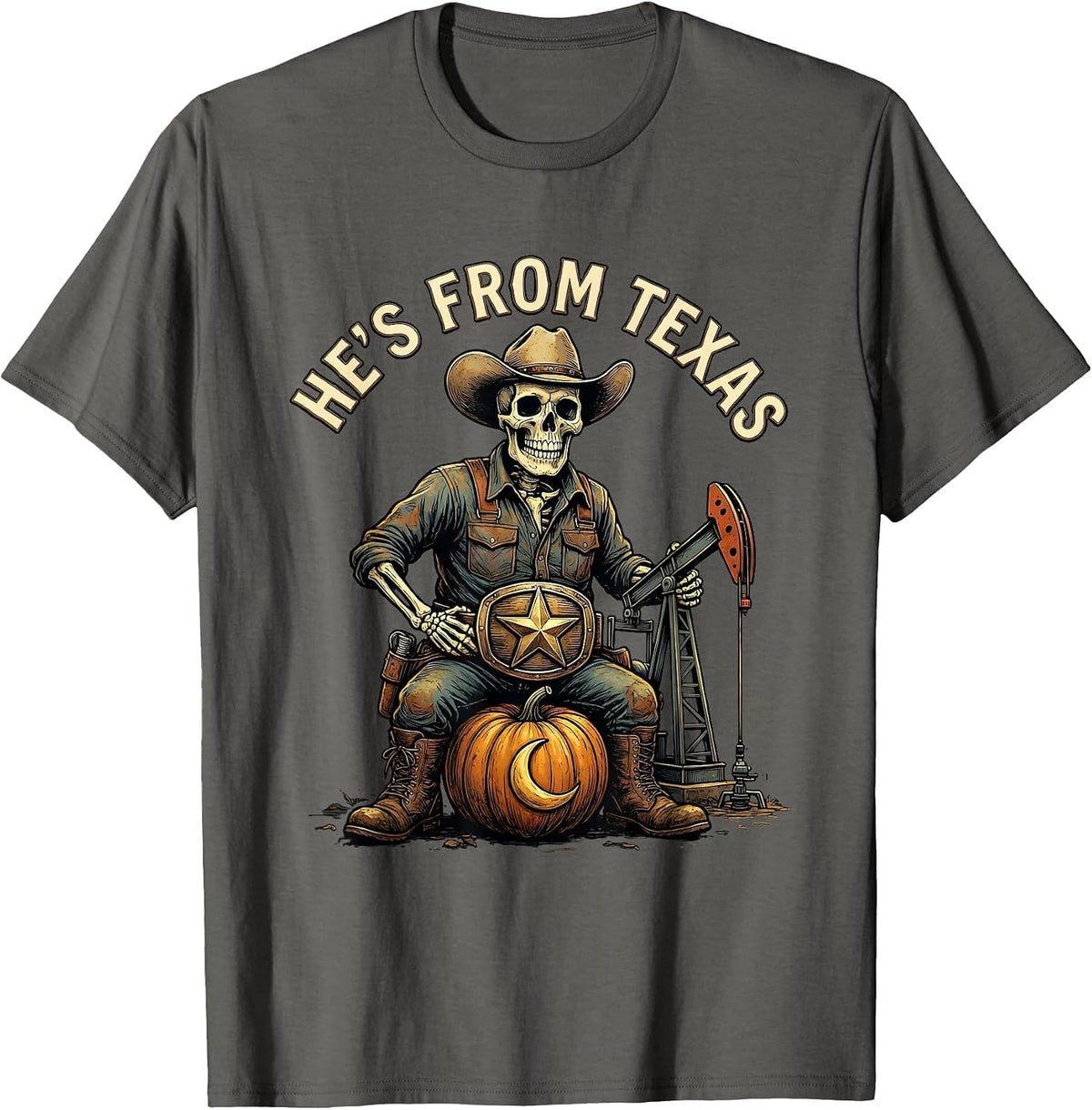 Men's He's From Texas Funny Skeleton Cowboy Halloween Horror T-Shirt - Asphalt Grey