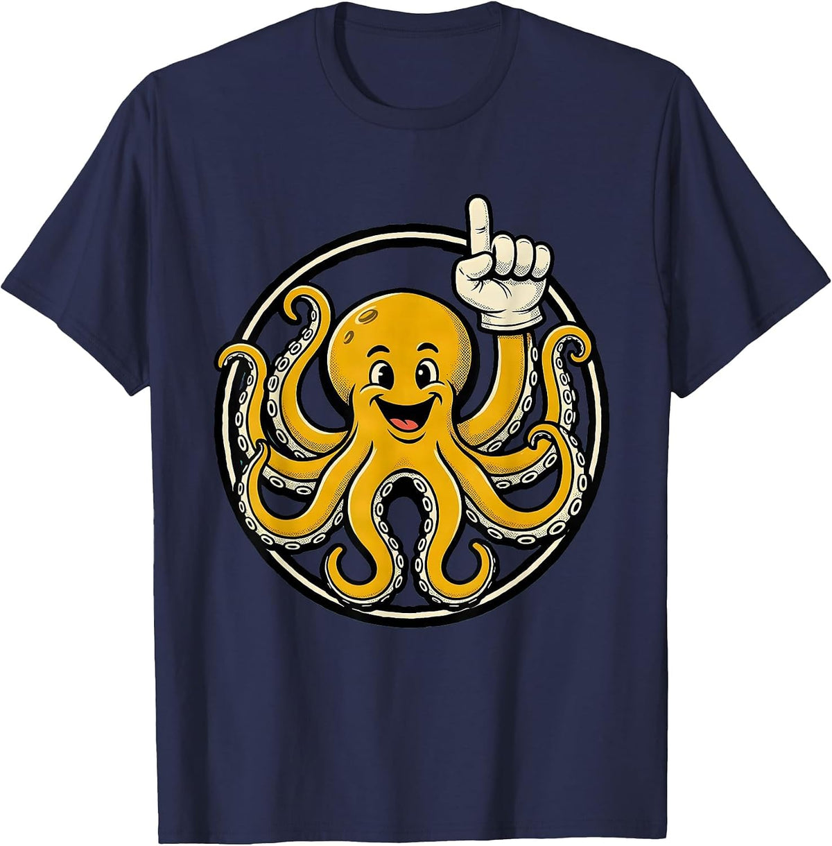 Men's Octopus Badge Retro Cartoon Ocean Animal Lover T-Shirt - Navy Blue