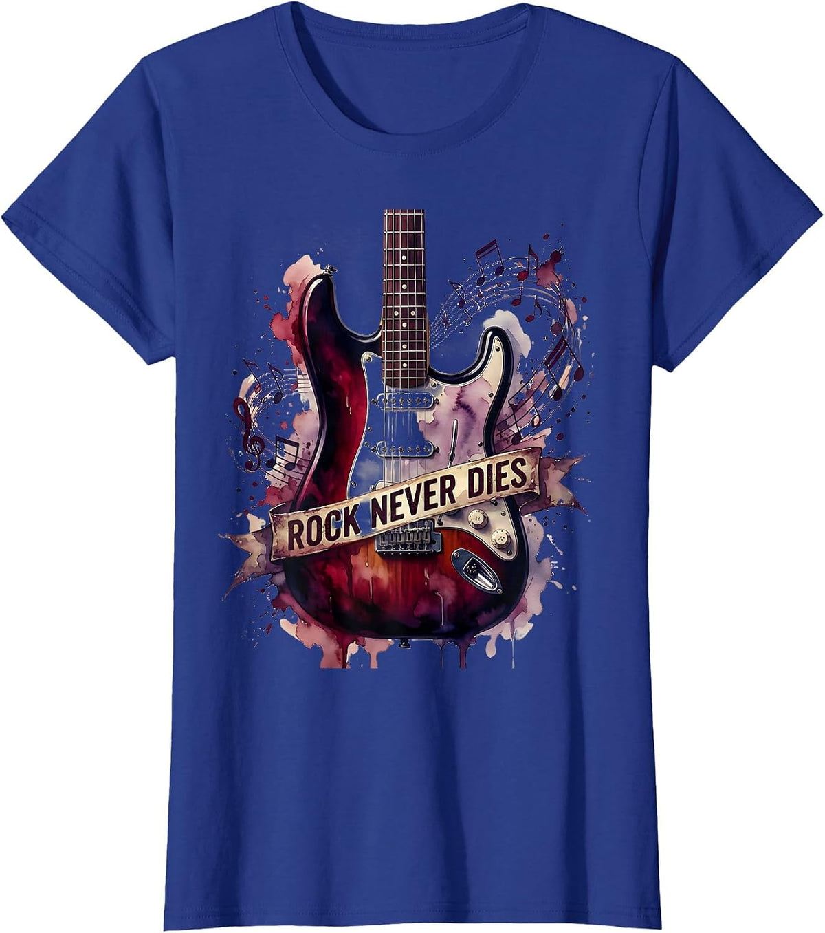 Women's Rock Never Dies Bold Rockstar Graphic Design T-Shirt - Royal Blue