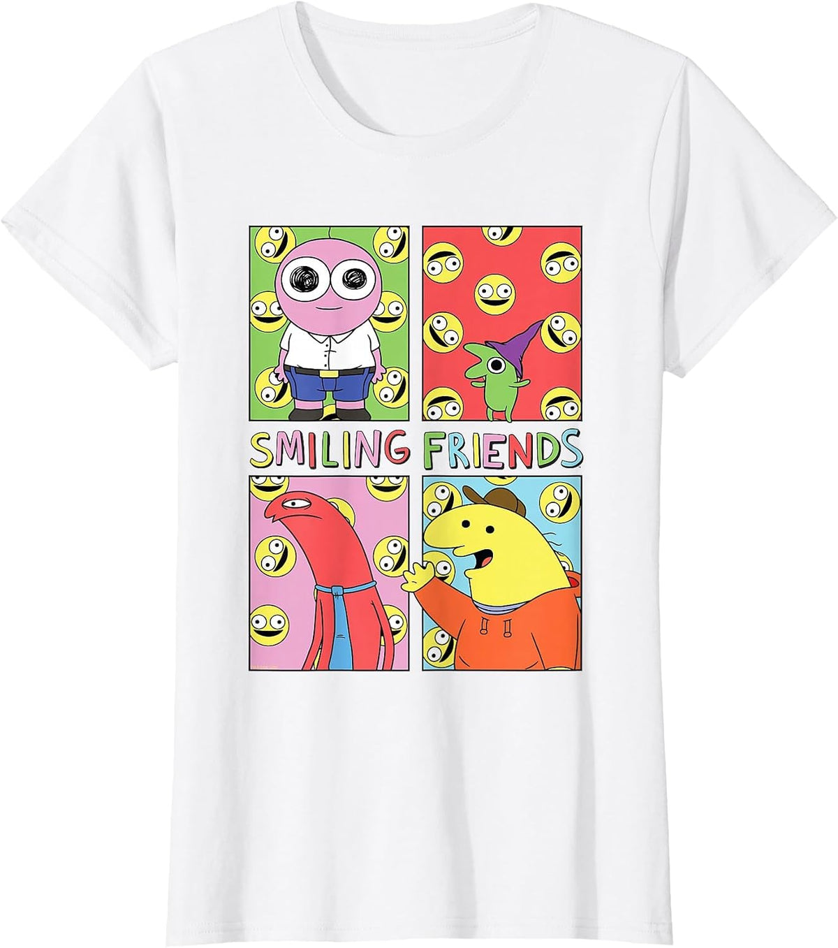 Smiling Friends Pop Art Character Grid Funny Cartoon T-Shirt - White