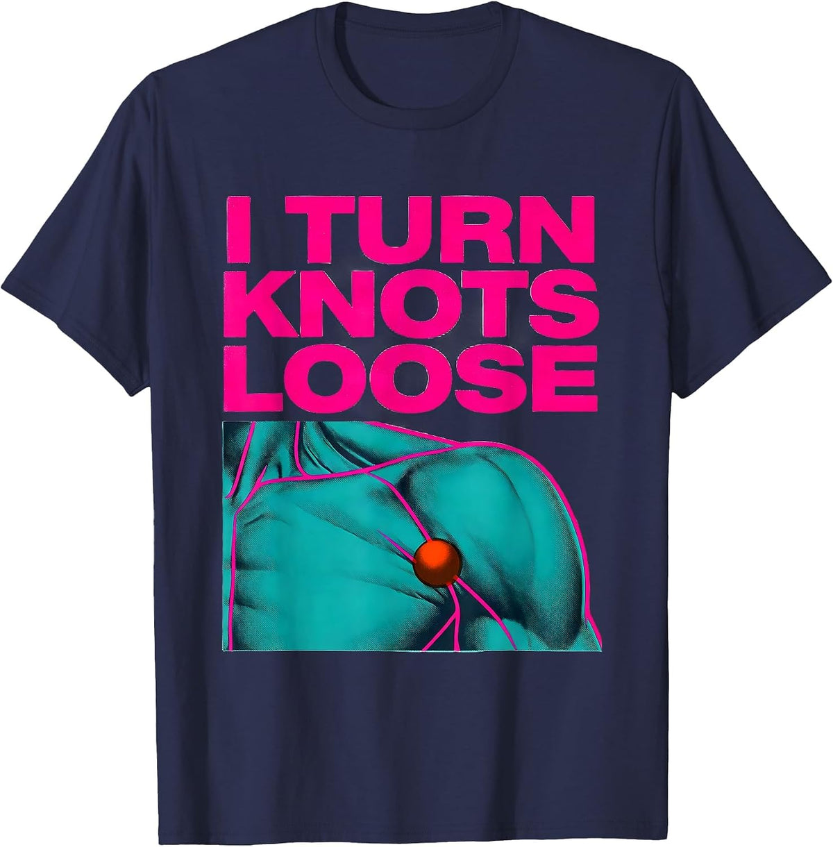 Men's I Turn Knots Loose Risograph Massage Therapist Pun Humor T-Shirt - Navy Blue