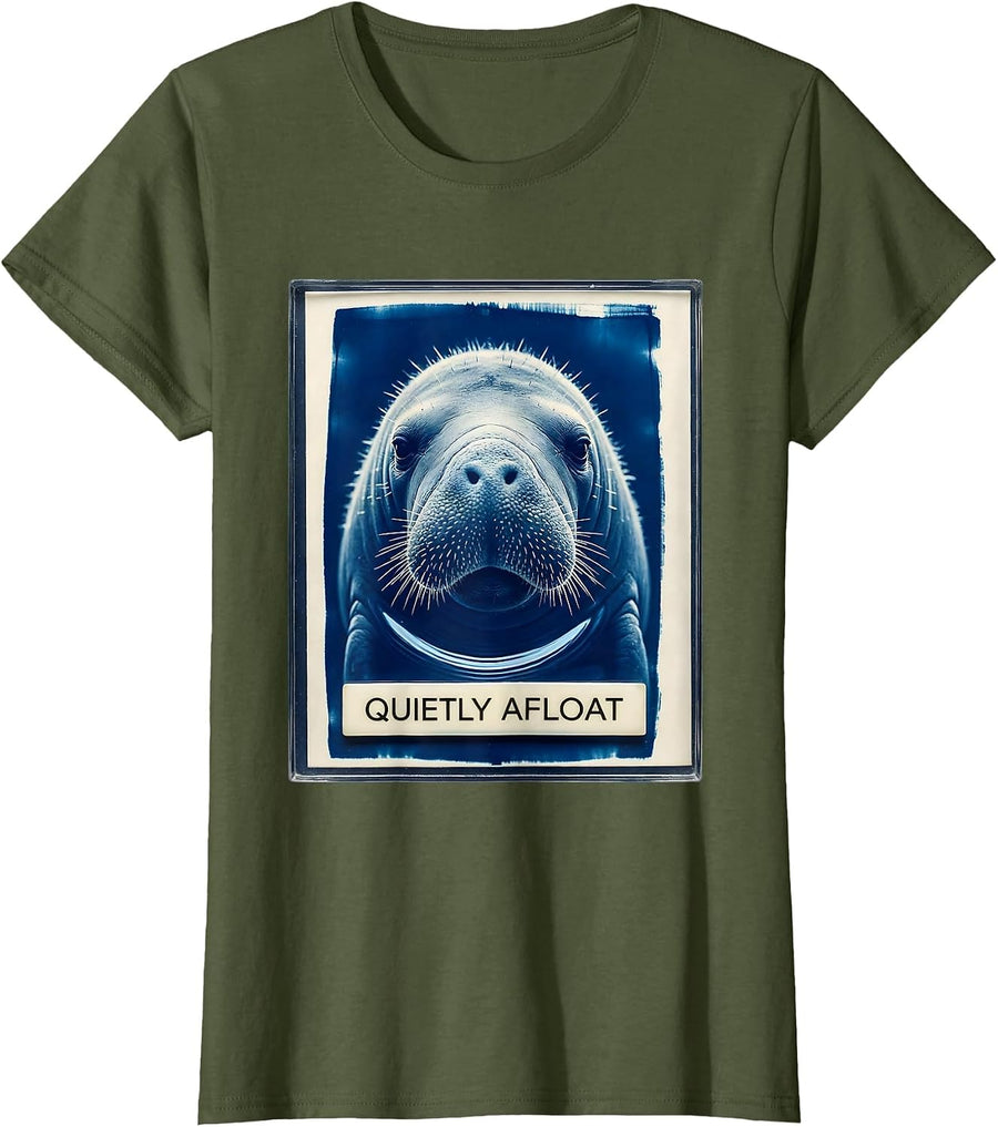 Women's Quietly Afloat Cyanotype Manatee Lover Sea Cow Humor T-Shirt - Olive Green