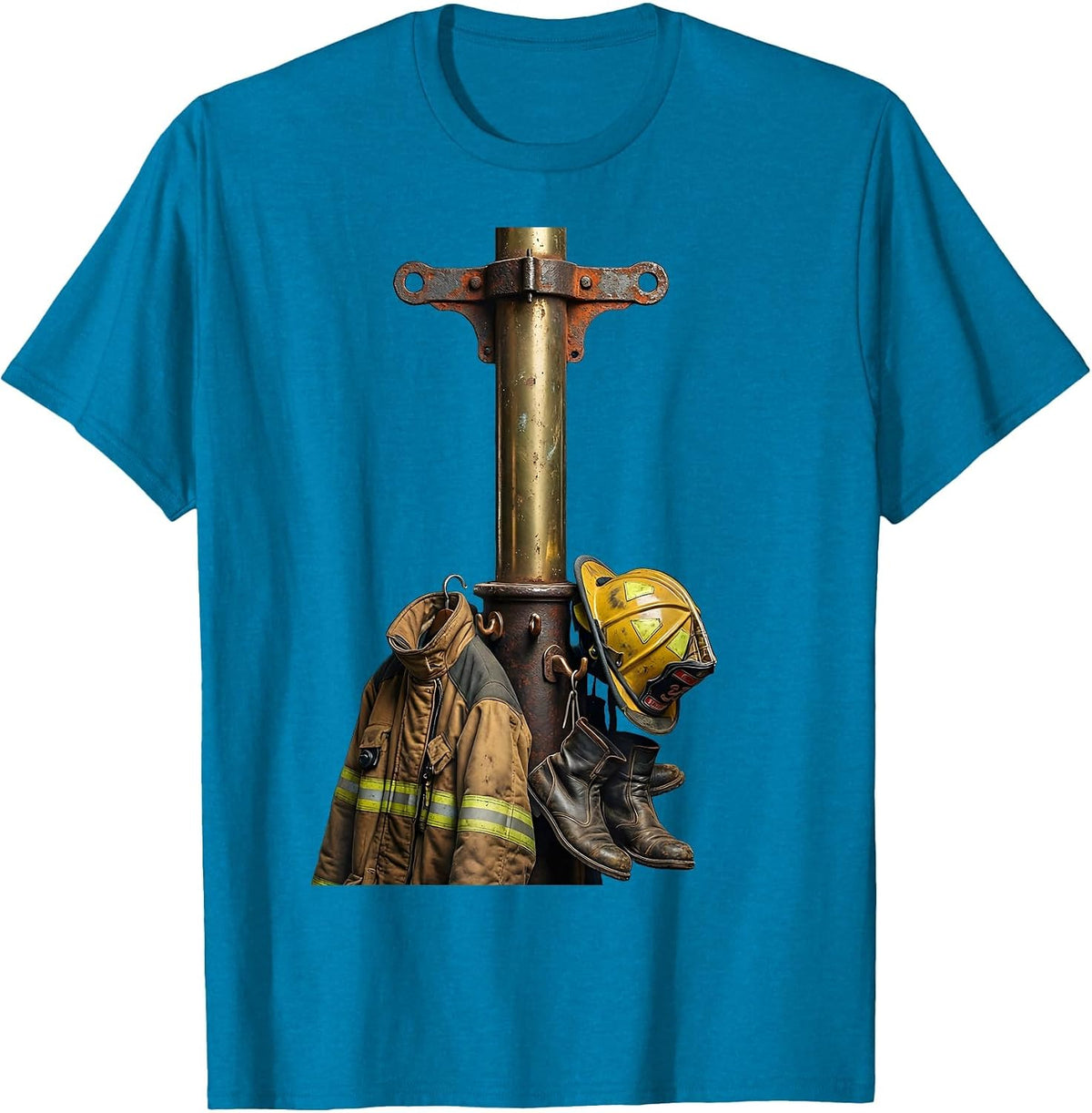 Firehouse Pole with Gear Firefighter Graphic T-Shirt - Sapphire Blue