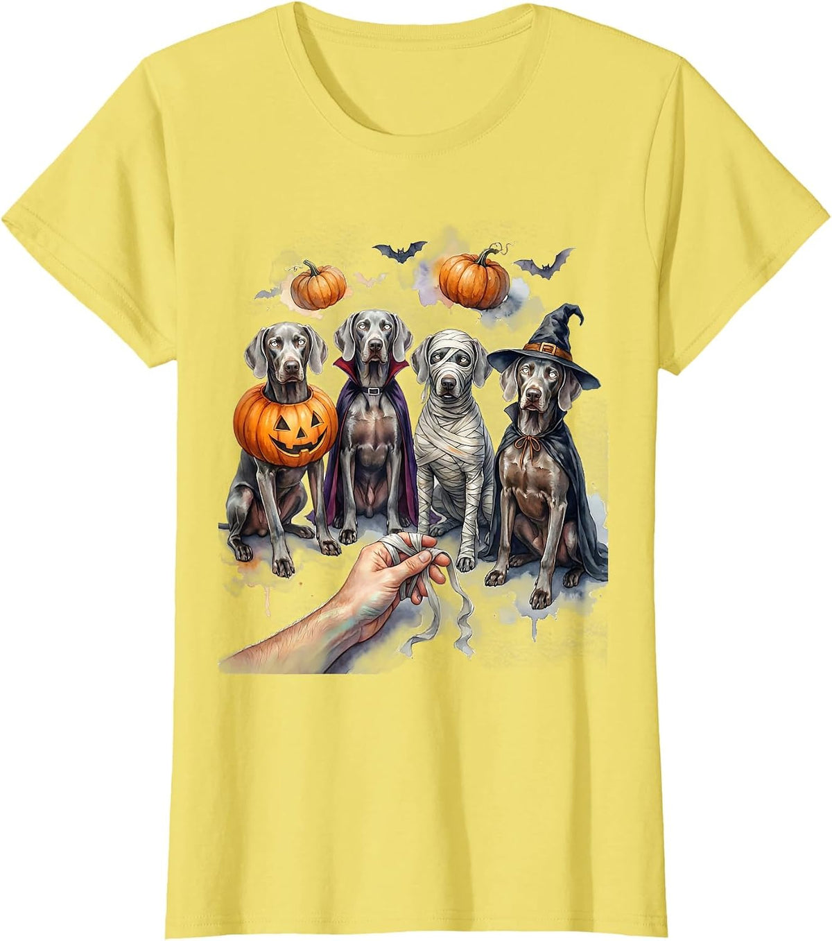Women's Halloween Weimaraner Squad Pumpkin Vampire Mummy Witch Dog T-Shirt - Lemon Yellow