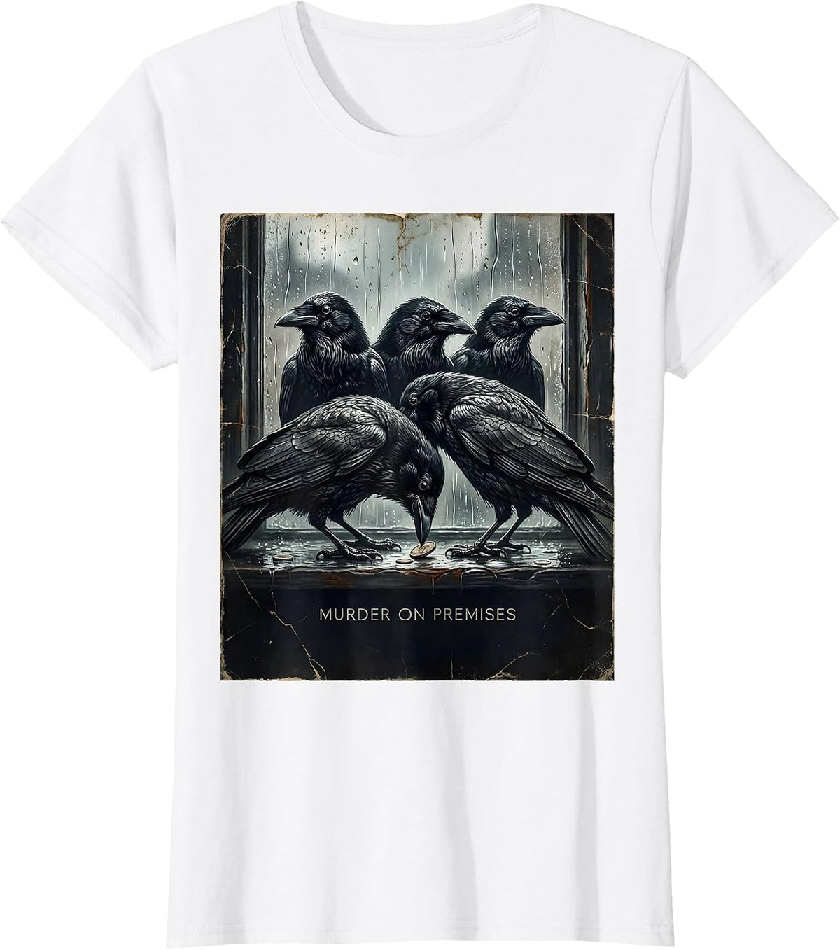 Murder On Premises Distressed Crow Pun Bird Lover Dark Humor T-Shirt - White