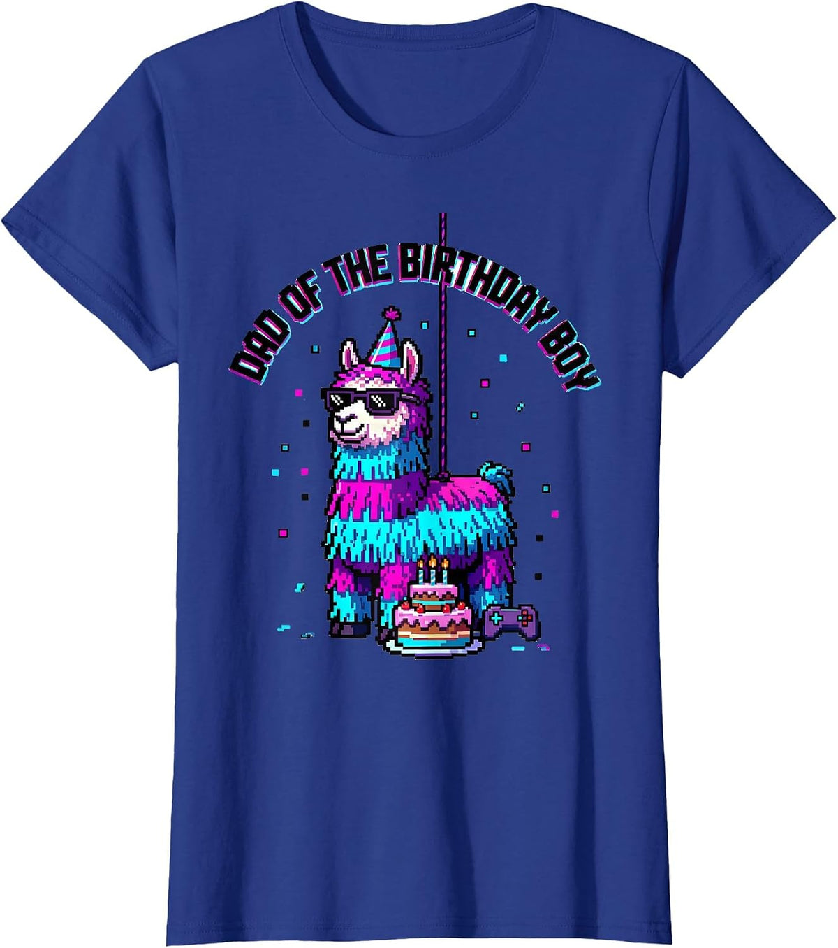 Women's Dad Of The Birthday Boy Pixel Art Llama Piñata Gamer Party T-Shirt - Royal Blue