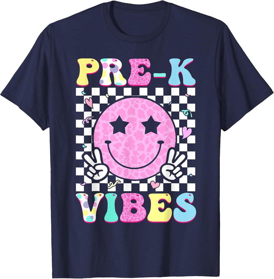 Pre-K Vibes Groovy Back to School PreK Preschool Girls Kids T-Shirt - Navy Blue
