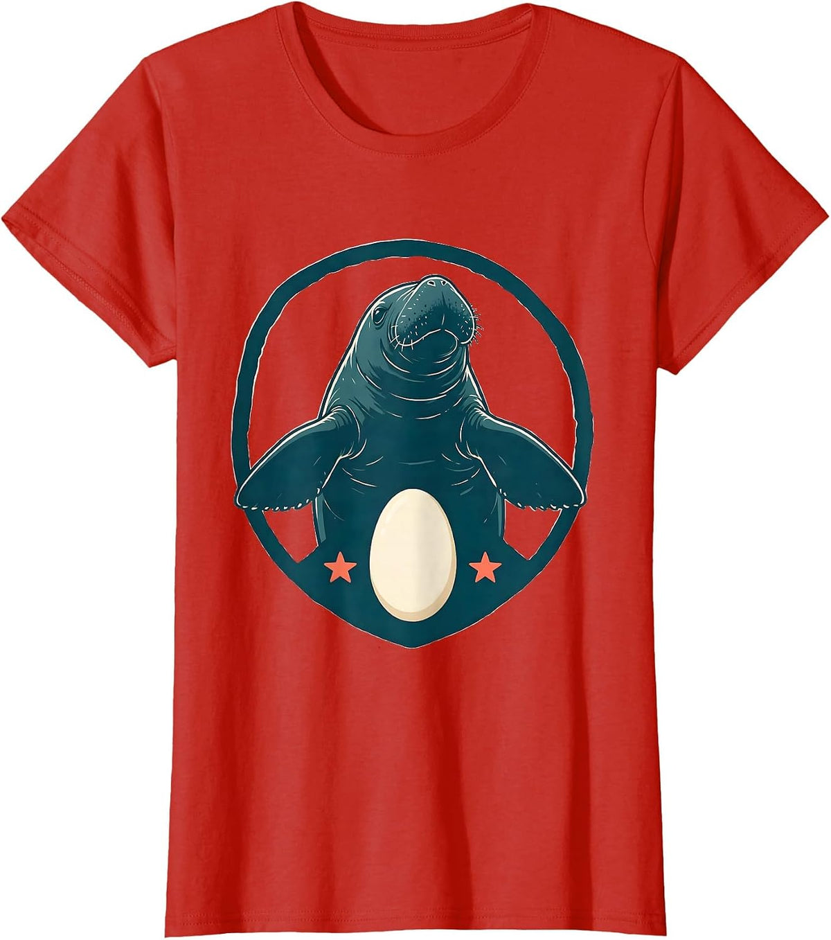 Women's Shield Manatee Potato Badge Funny Sea Cow Lover T-Shirt - Red