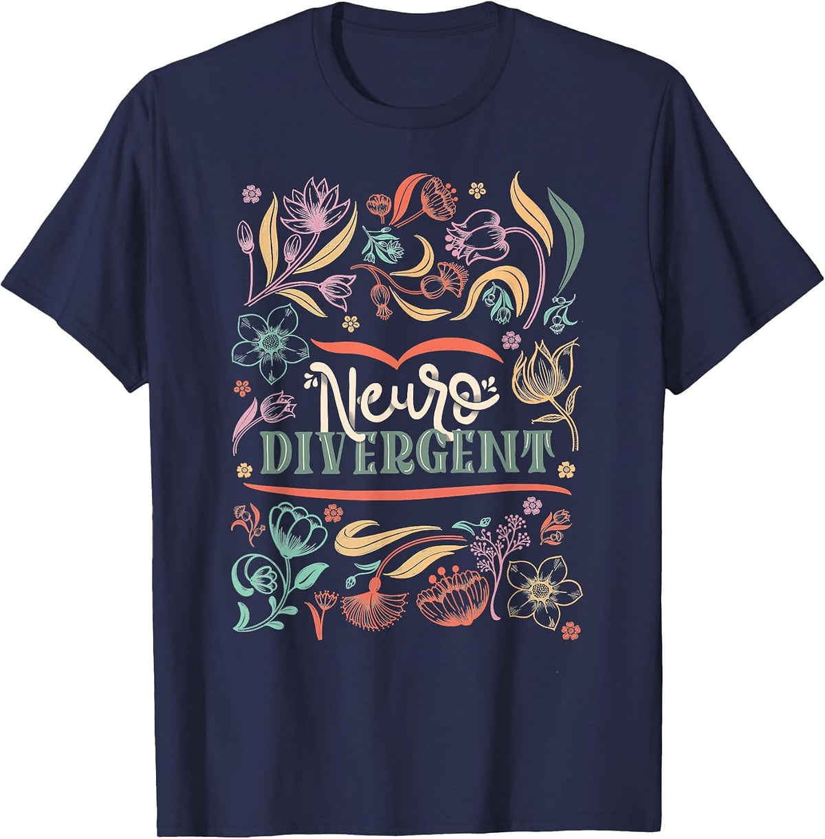 Floral Neurodivergent Autism Awareness T-Shirt - Navy Blue
