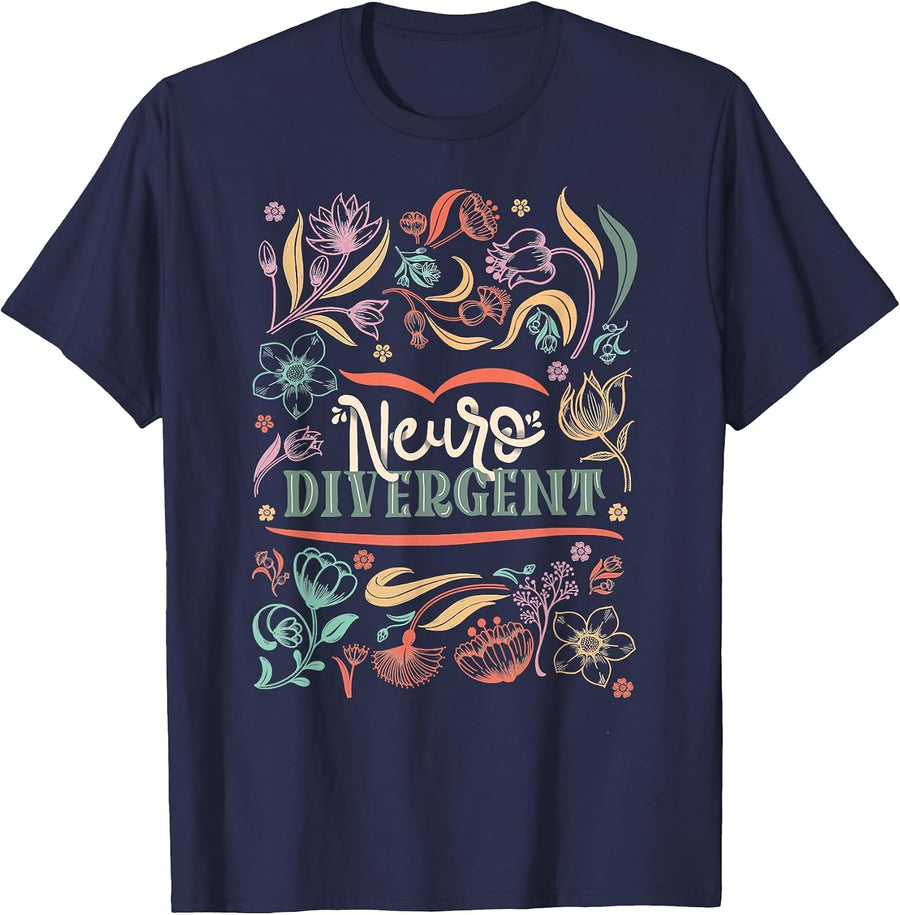 Floral Neurodivergent Autism Awareness T-Shirt - Navy Blue