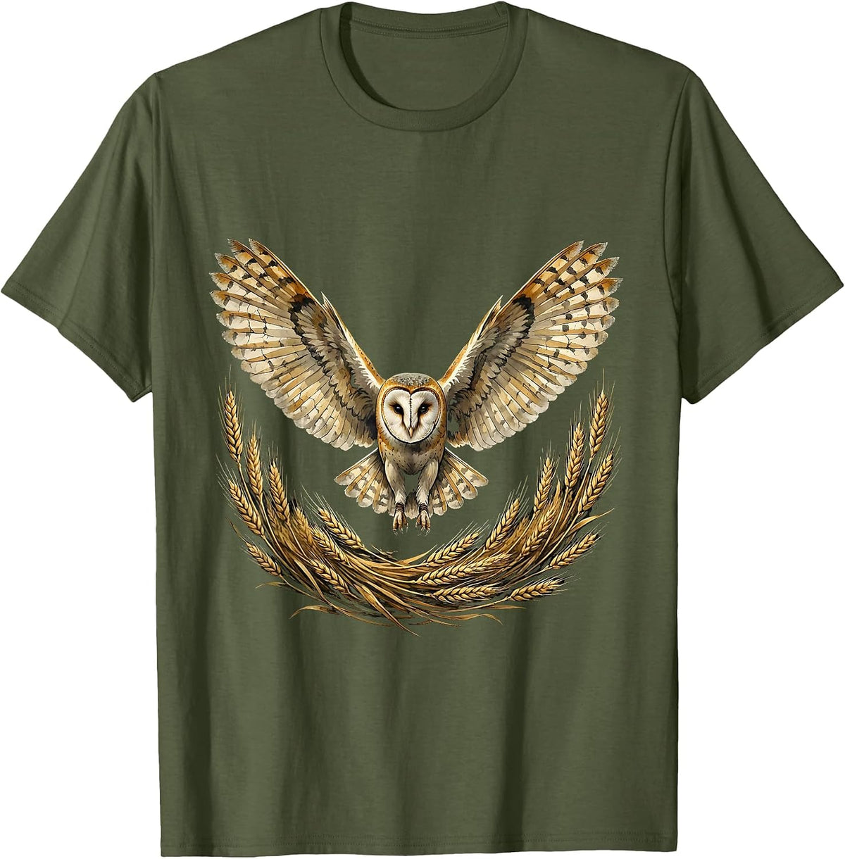 Barn Owl in Flight Over Autumn Wheat Field T-Shirt - Olive Green