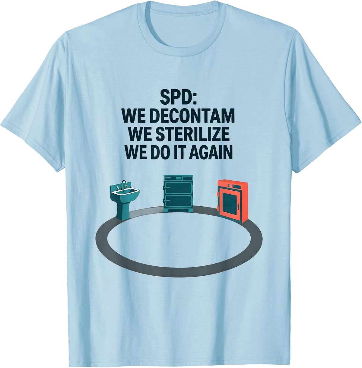 Men's SPD: We Decontam, We Sterilize, We Do It Again Funny T-Shirt - Baby Blue