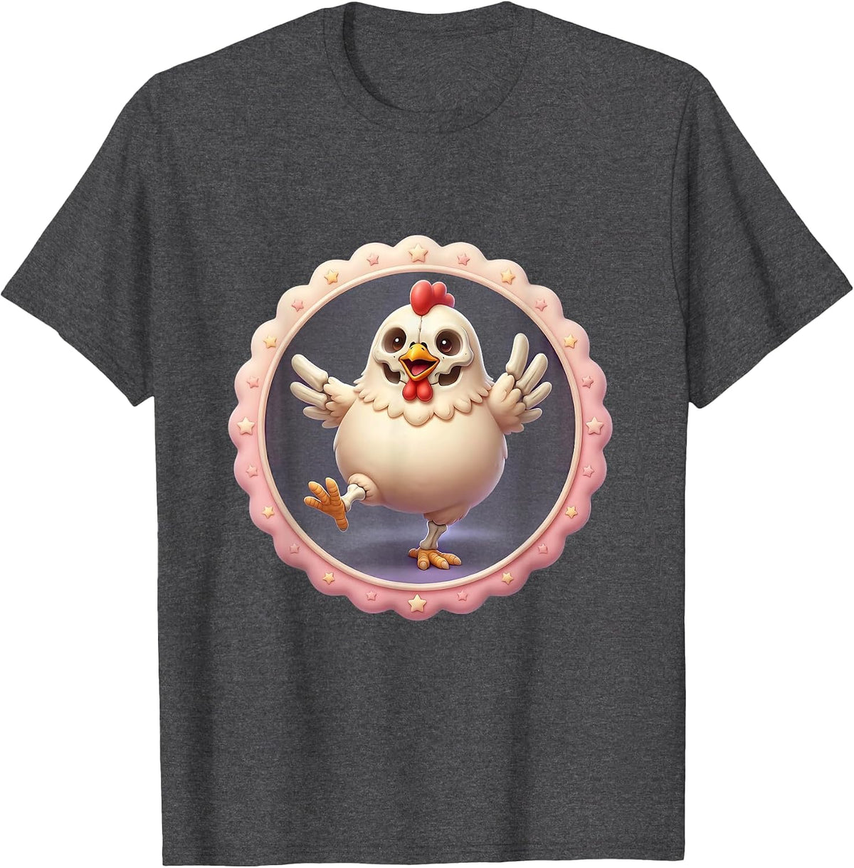 Skeleton Chicken Strutting on Stage Graphic T-Shirt - Dark Heather Grey