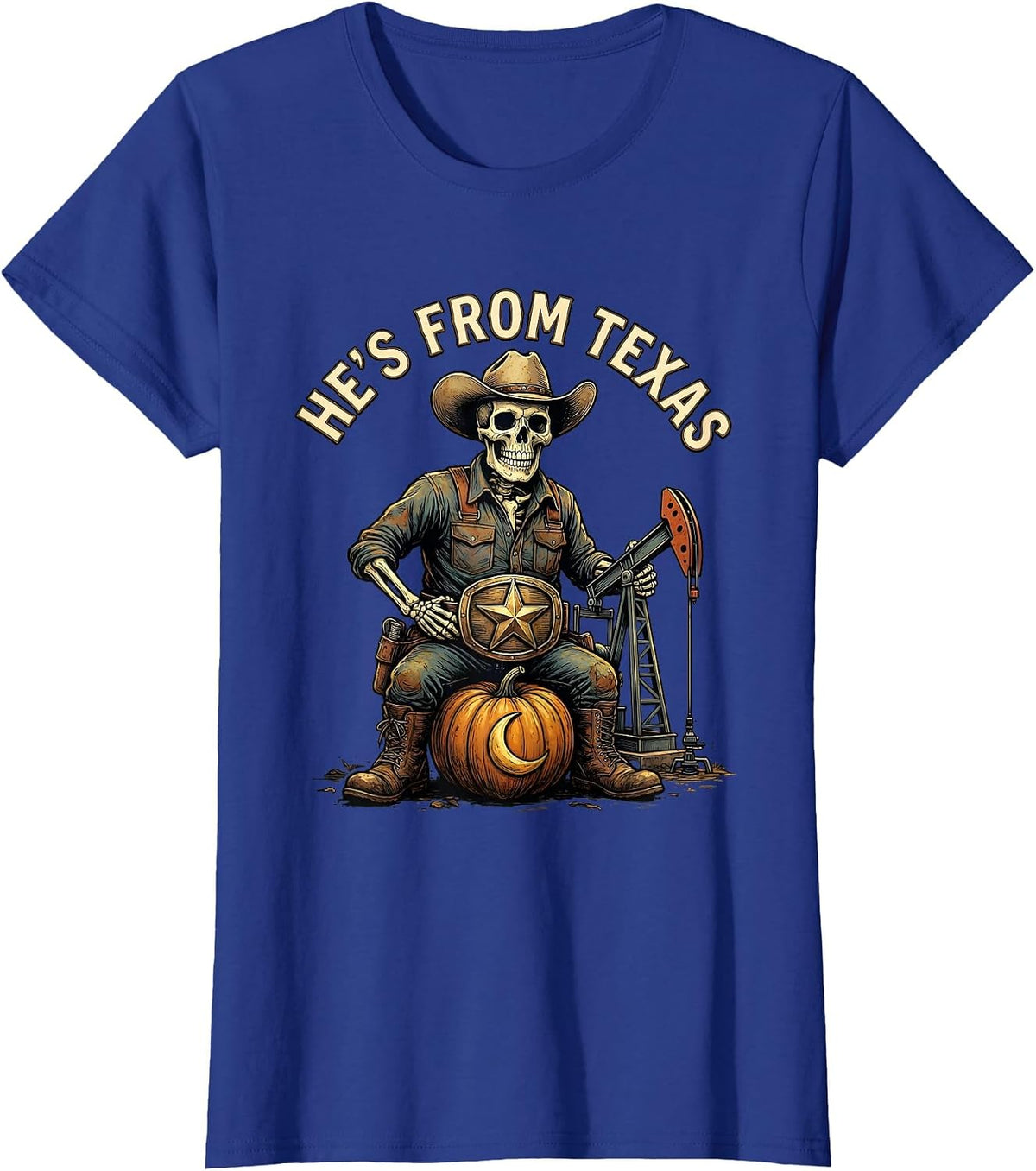 Women's He's From Texas Funny Skeleton Cowboy Halloween Horror T-Shirt - Royal Blue