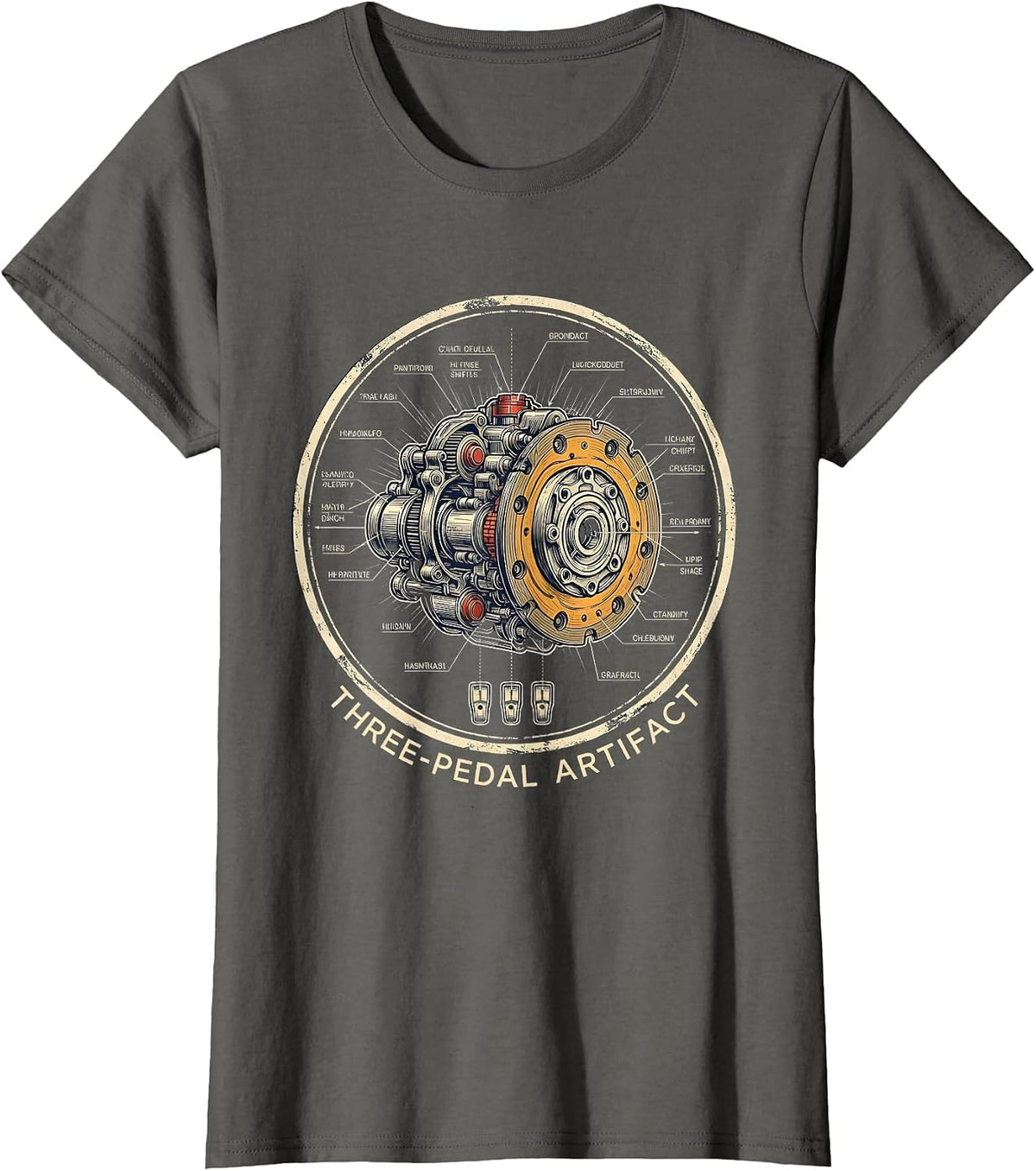 Women's Three-Pedal Artifact Manual Transmission Car Guy Humor T-Shirt - Asphalt Grey