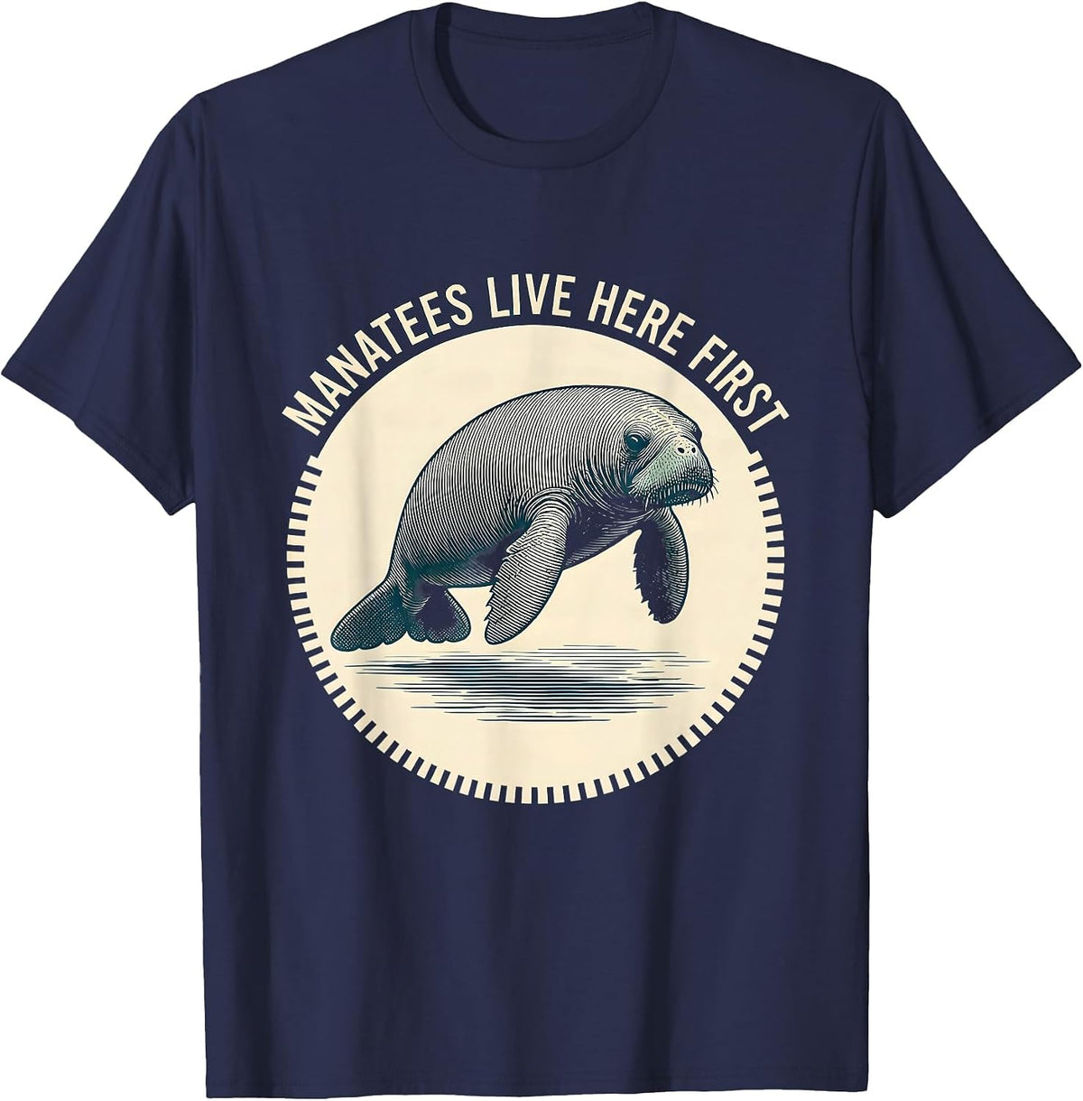 Manatees Live Here First Vintage Florida Gulf Coast Wildlife T-Shirt - Navy Blue