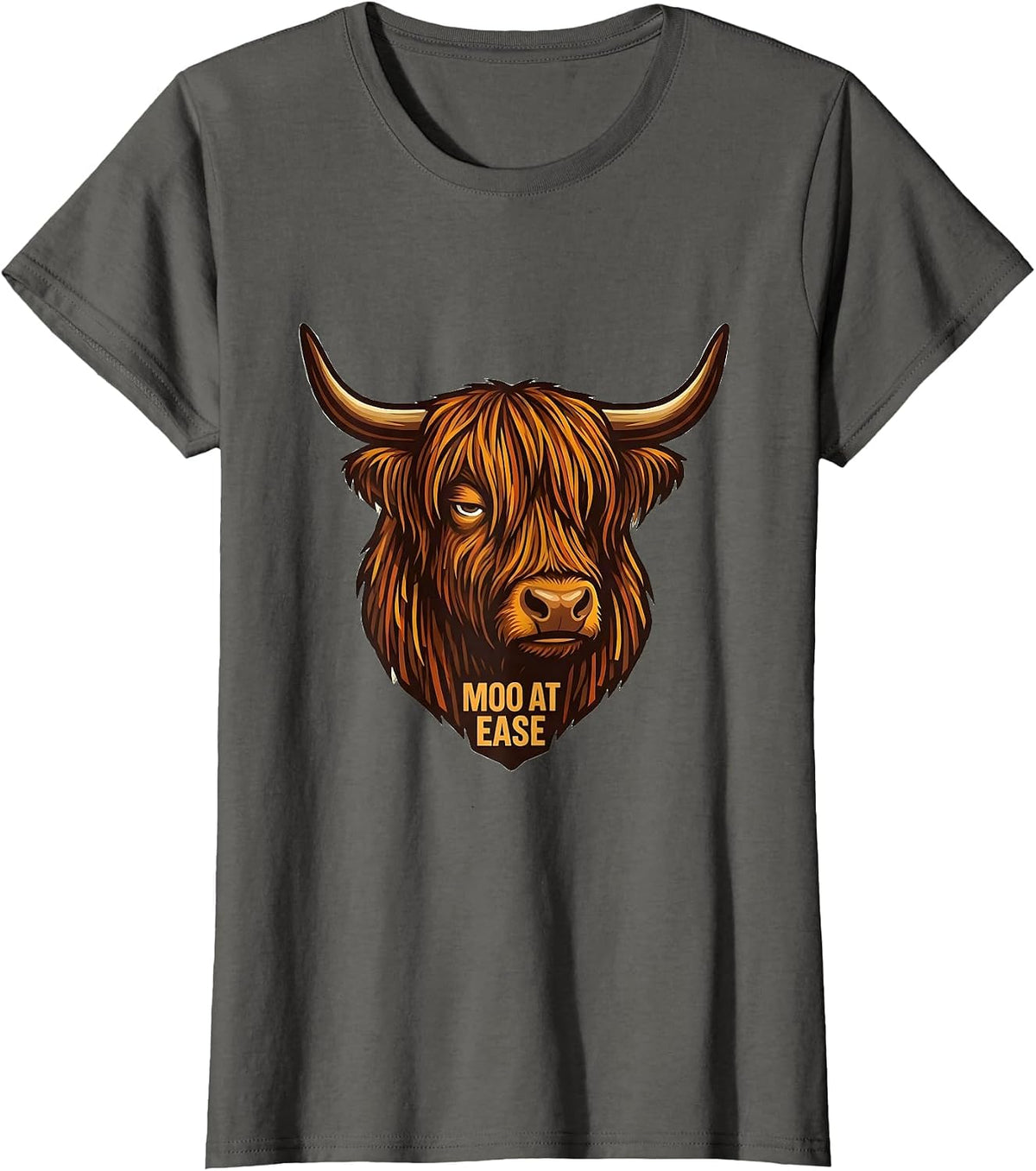 Women's Moo At Ease Funny Highland Cow Farm Animal Lover Humor T-Shirt - Asphalt Grey
