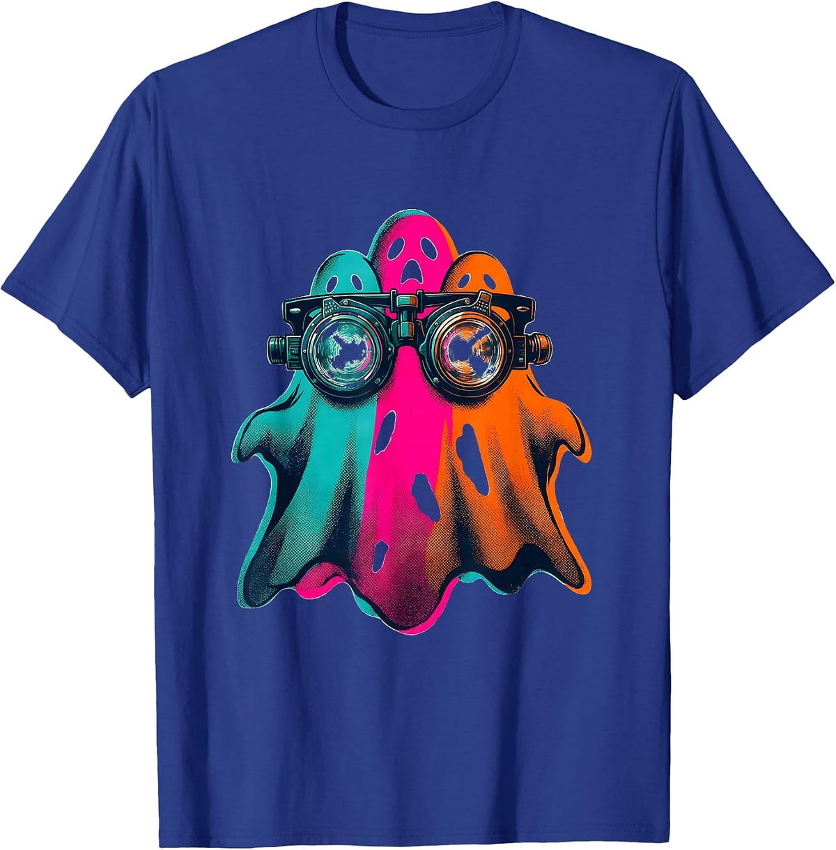 Men's Friendly Ghost Optometrist Risograph Halloween Boo Crew T-Shirt - Royal Blue
