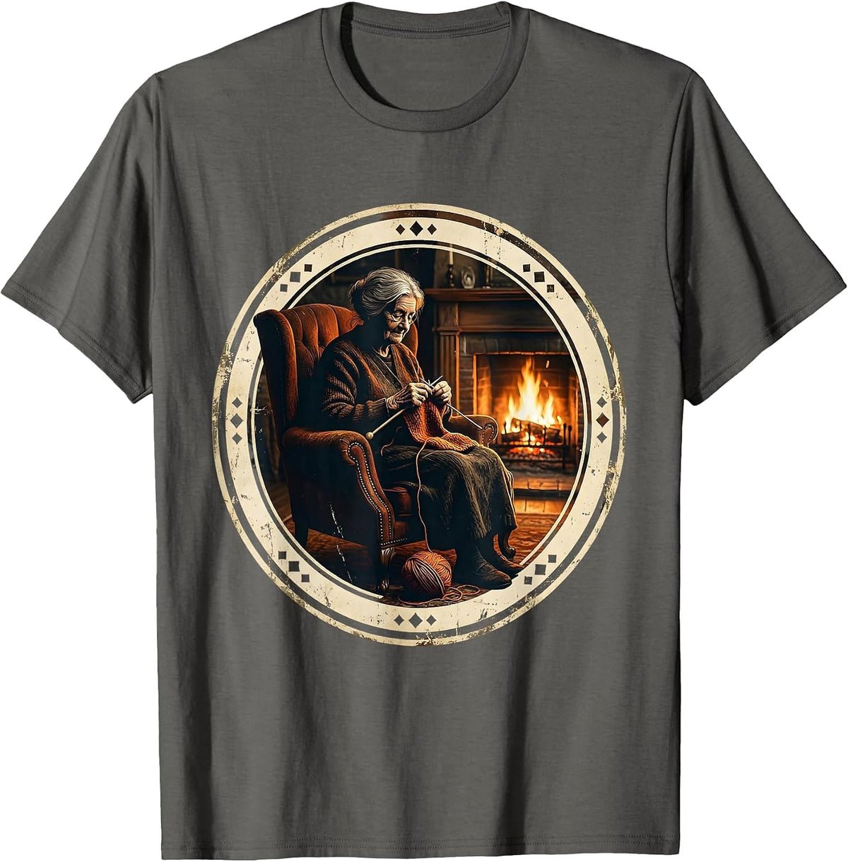 Grandma Knitting by the Fireplace Graphic T-Shirt - Asphalt Grey
