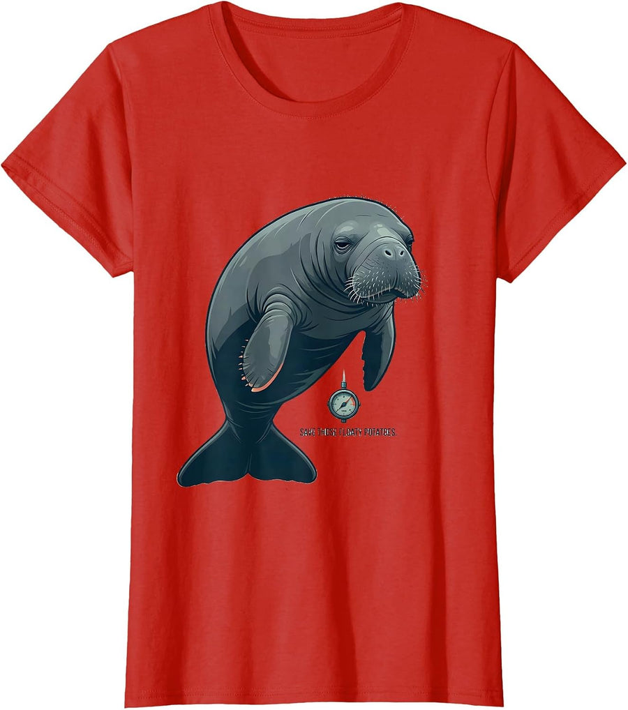 Women's Save Those Floaty Potatoes Funny Manatee Lover Sea Animal T-Shirt - Red
