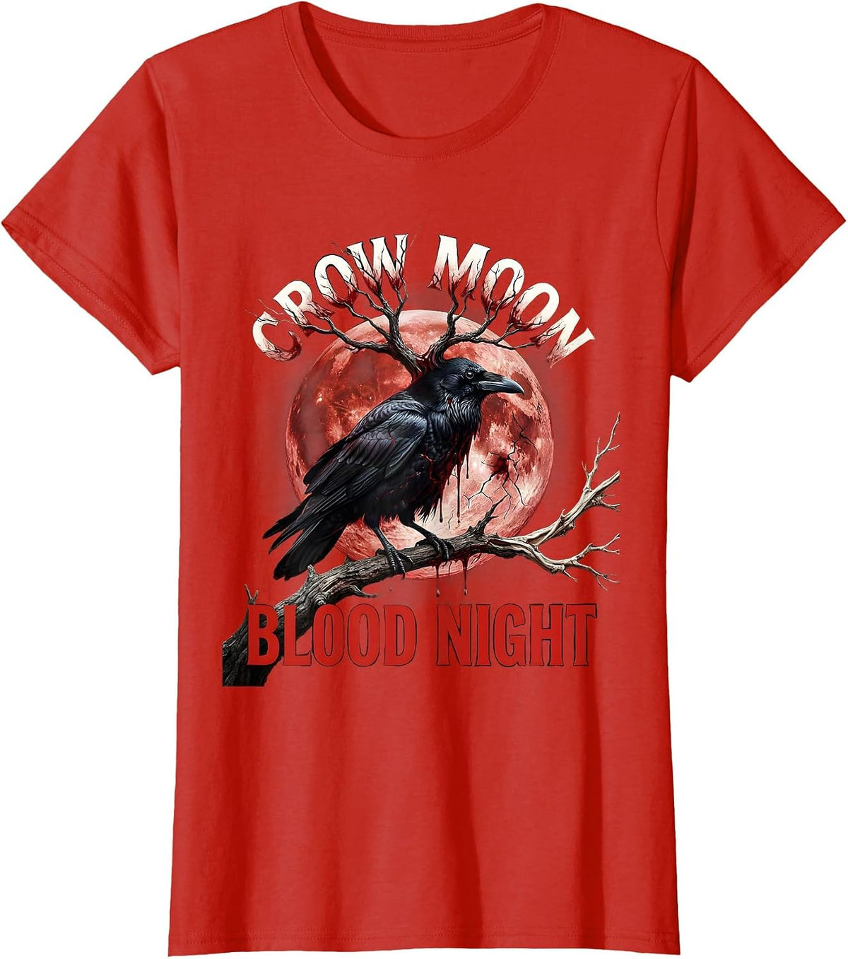 Crow Moon Blood Night Gothic Halloween Design T-Shirt - Red