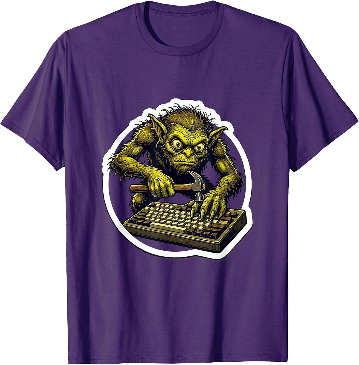 Furious Gremlin Typing on Old Keyboard Graphic T-Shirt - Purple