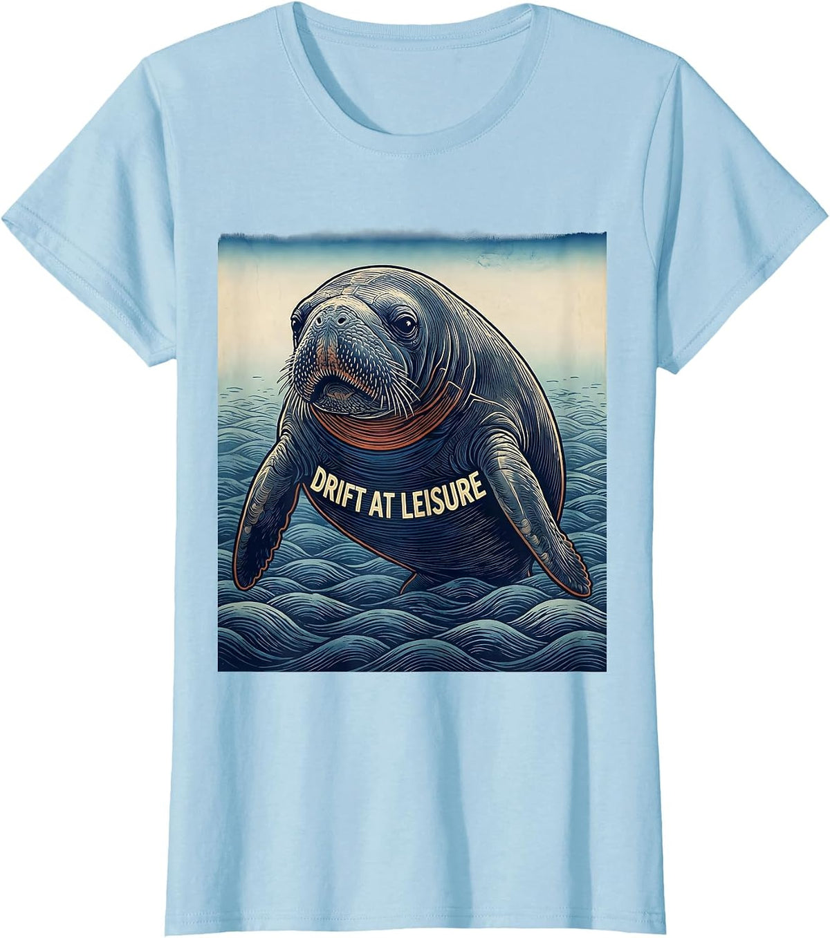 Women's Drift At Leisure Ukiyo-e Manatee Lover Animal Humor T-Shirt - Baby Blue