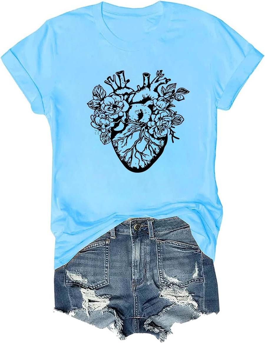Floral Anatomical Heart Shirt Cardiac Nursing V-Neck Shirt Cardiology RN Tee - Sky Blue