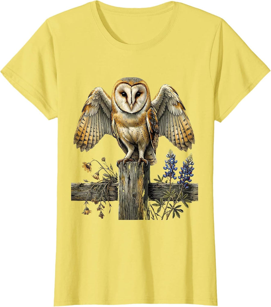 Women's Texas Barn Owl on Fence Post Illustration T-Shirt - Lemon Yellow