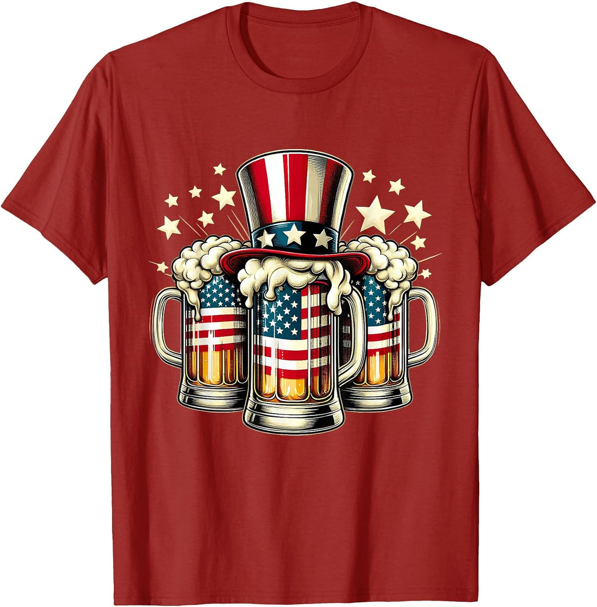 Beer American Flag USA 4th of July Party Drinking Men Women T-Shirt - Cranberry Red