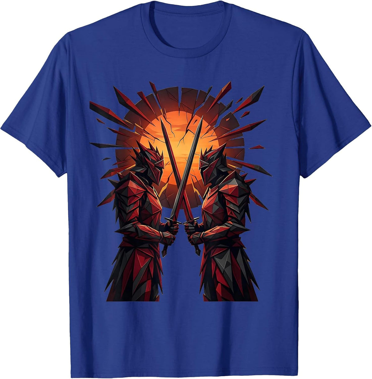 Samurai Crossing Blades at Dusk Graphic T-Shirt - Royal Blue