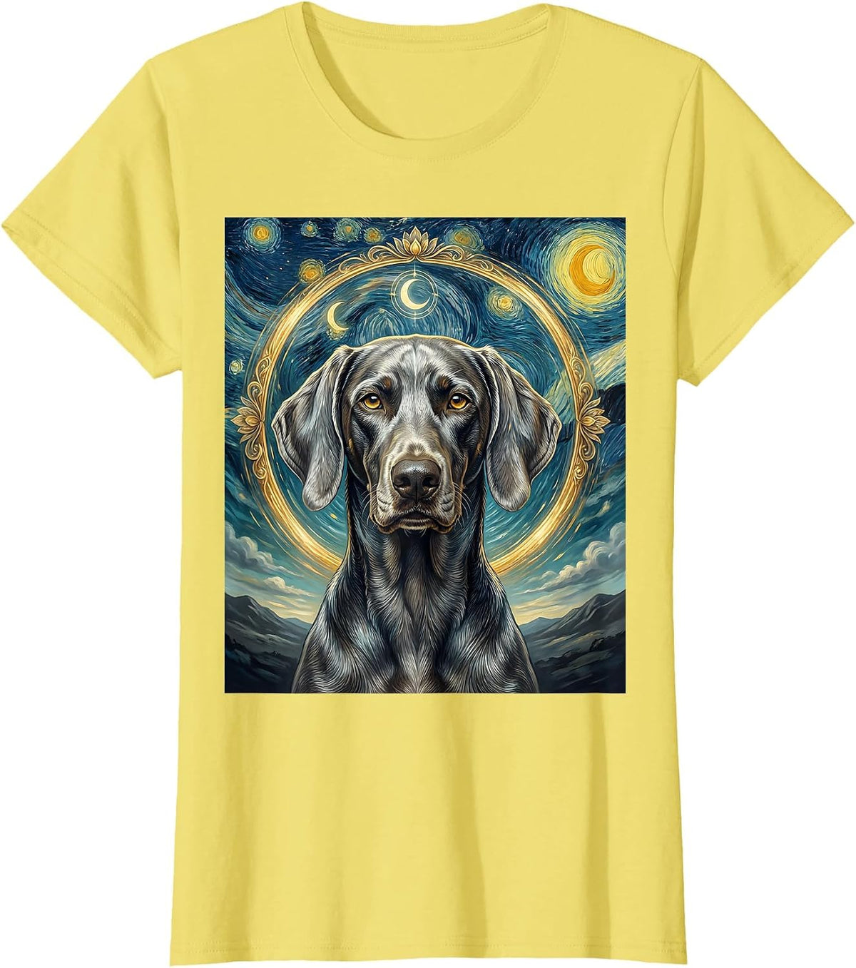 Sleek Weimaraner Van Gogh Starry Night Art Portrait T-Shirt - Lemon Yellow