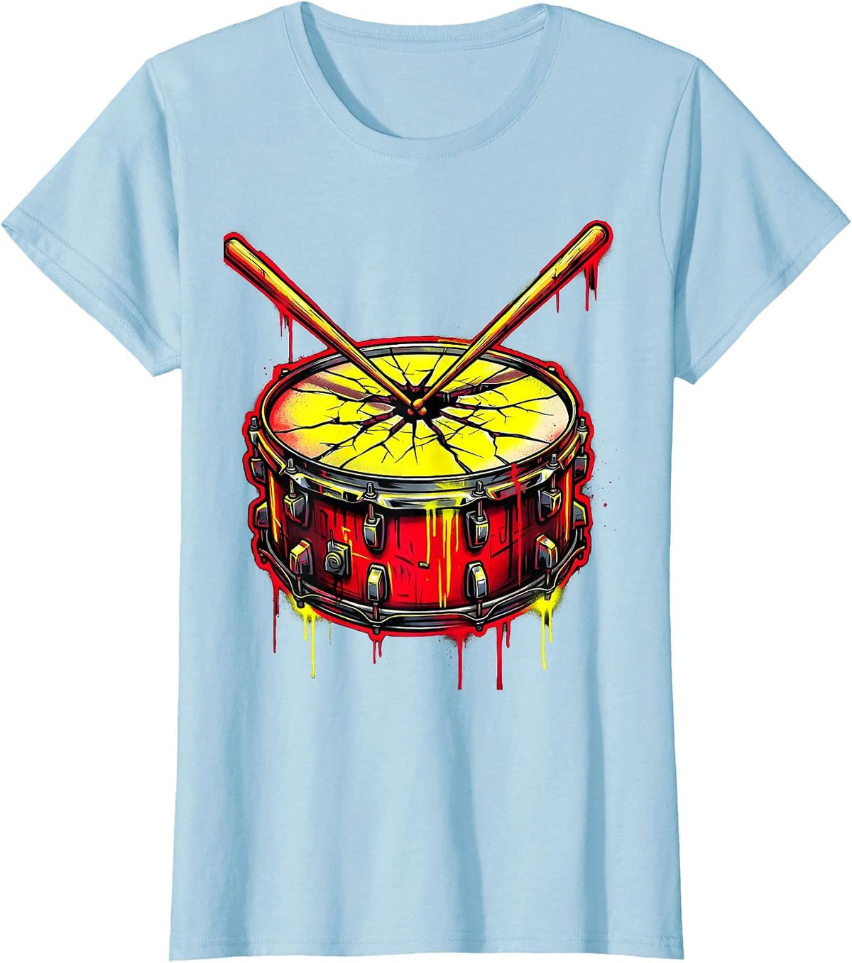 Women's Crossed Drumsticks Cracked Snare Drum Rock Graphic T-Shirt - Baby Blue