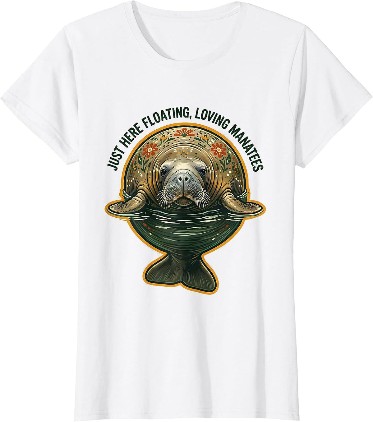 Women's Just Here Floating Loving Manatees Folk Art Florida Souvenir T-Shirt - White