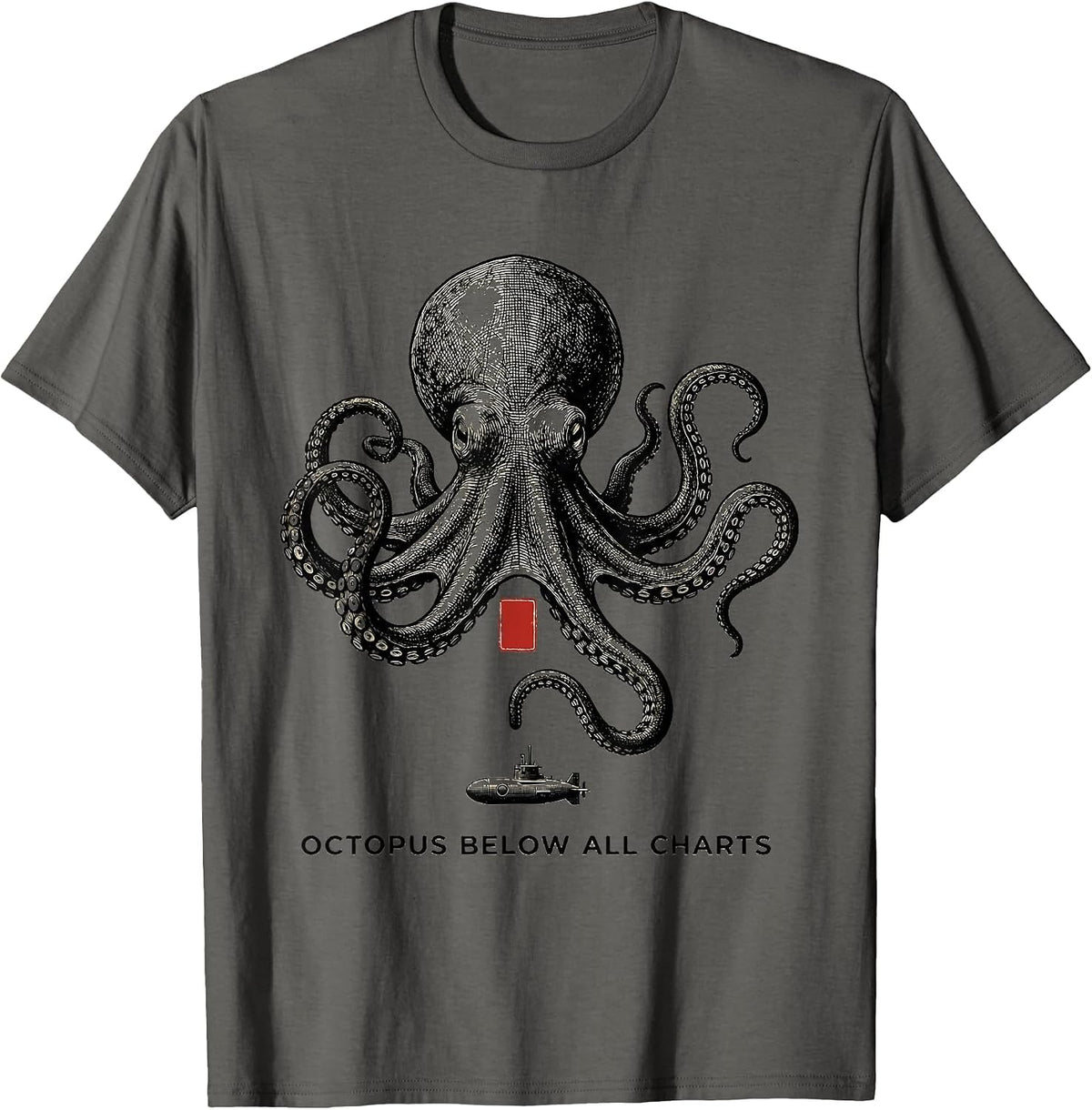 Men's Octopus Below All Charts Monochromatic Ocean Animal Lover T-Shirt - Asphalt Grey