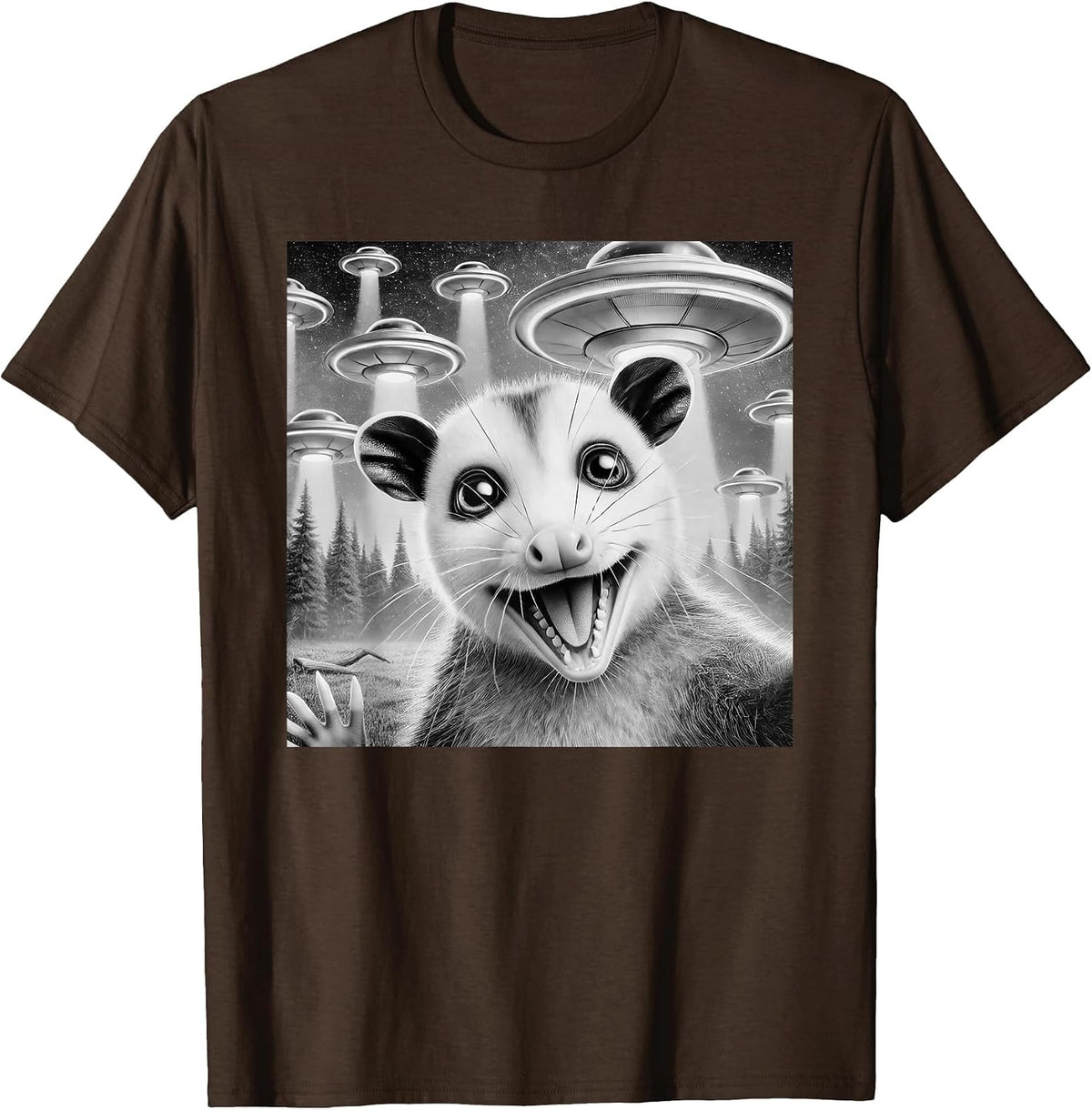 Opossum Selfie with Alien UFO Meme Men Women Kids T-Shirt - Brown