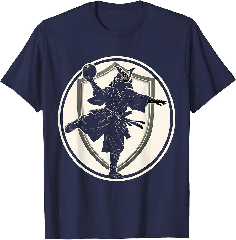 Samurai Bowler Warrior Bowling Graphic T-Shirt - Navy Blue