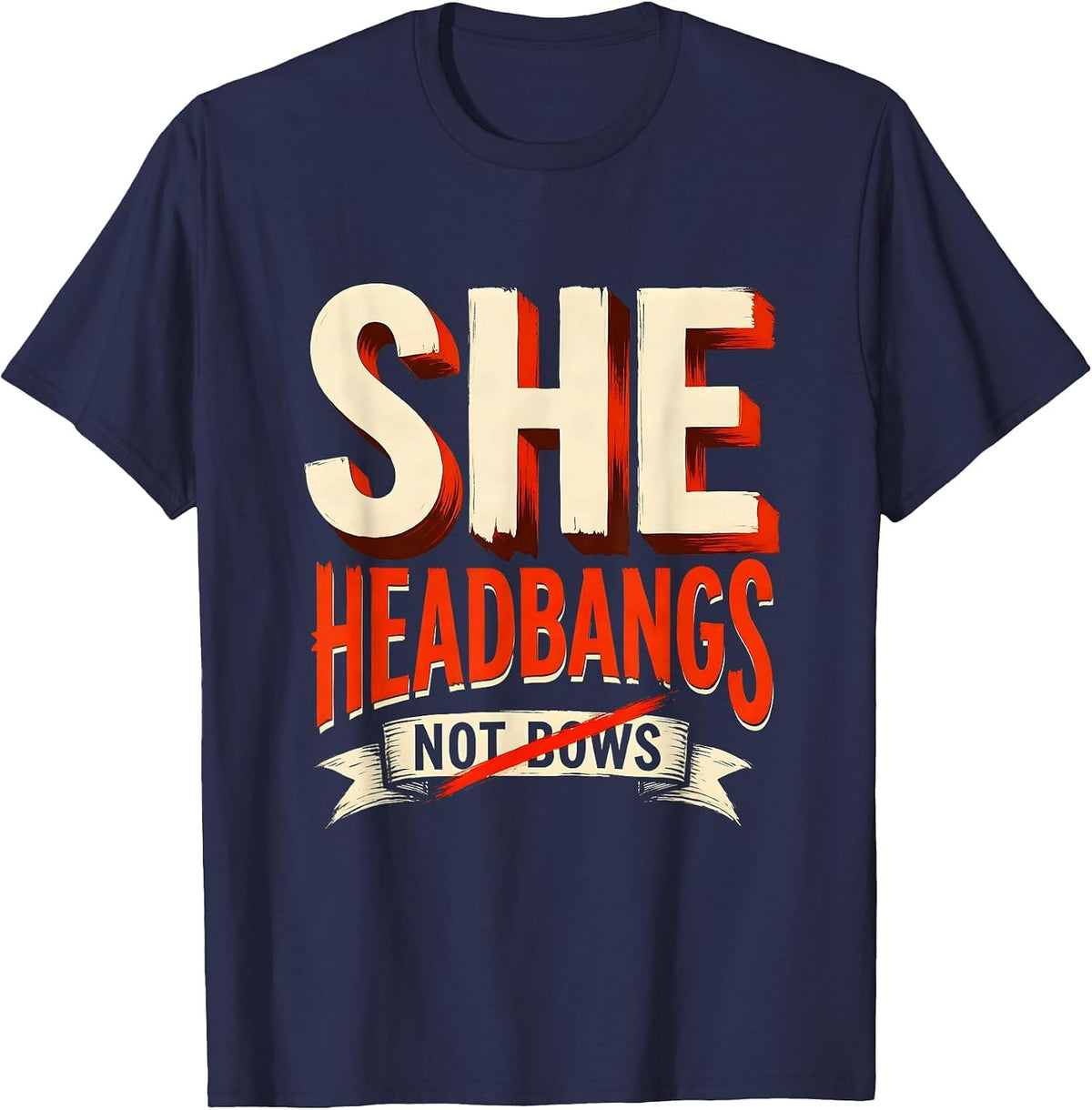 She Headbangs Not Bows Rock Music Design T-Shirt - Navy Blue