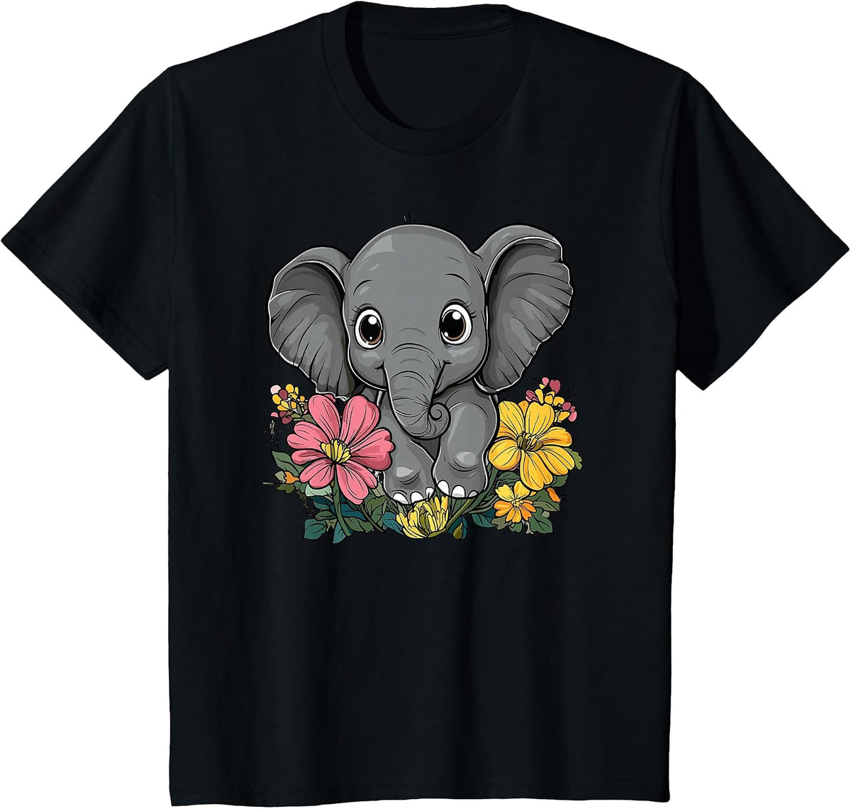 Cute Elephant Surrounded By Flowers T-Shirt - Black