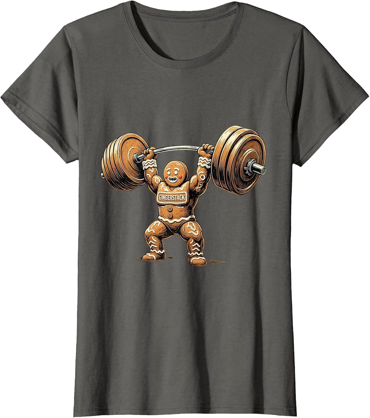 Women's Gingerstack Funny Gingerbread Man Gym Weightlifting T-Shirt - Asphalt Grey