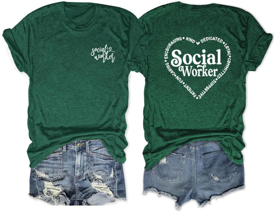 Social Worker T Shirt Womens School Social Worker Teacher Tee Letter Printed Crewneck Graduation Short Sleeve - Dark Green